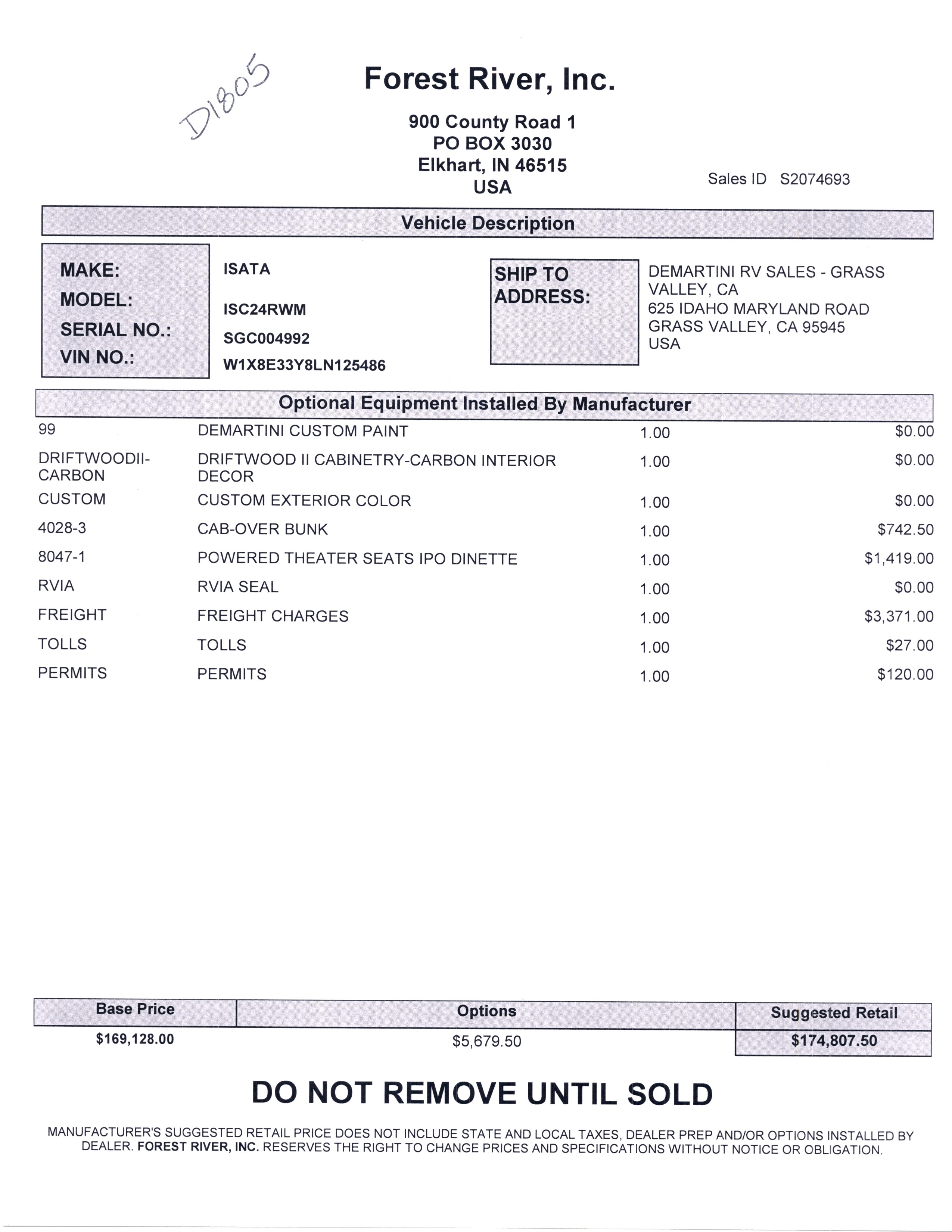 2022 Dynamax Isata 3 24RW MSRP Sheet
