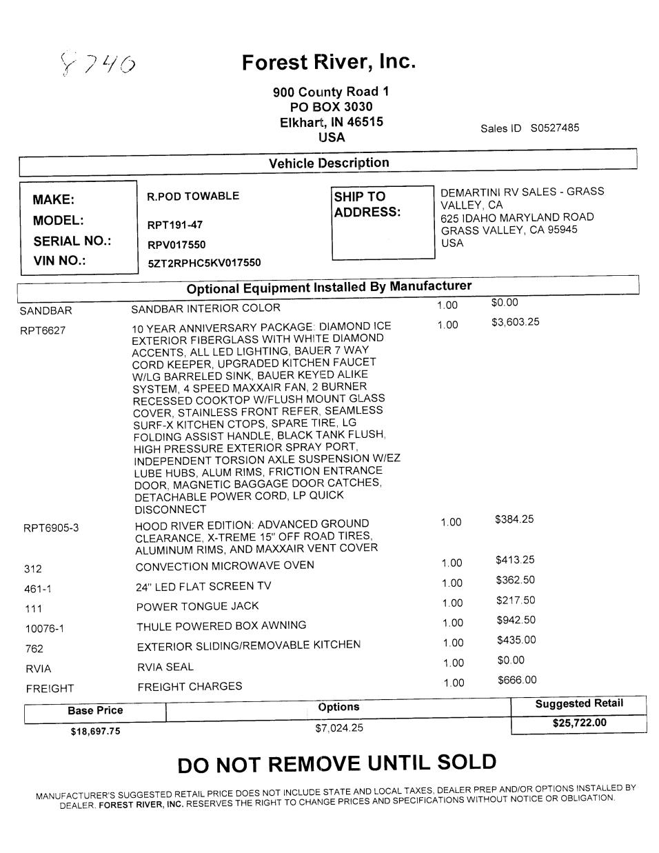 2019 Forest River R-Pod 191 MSRP Sheet