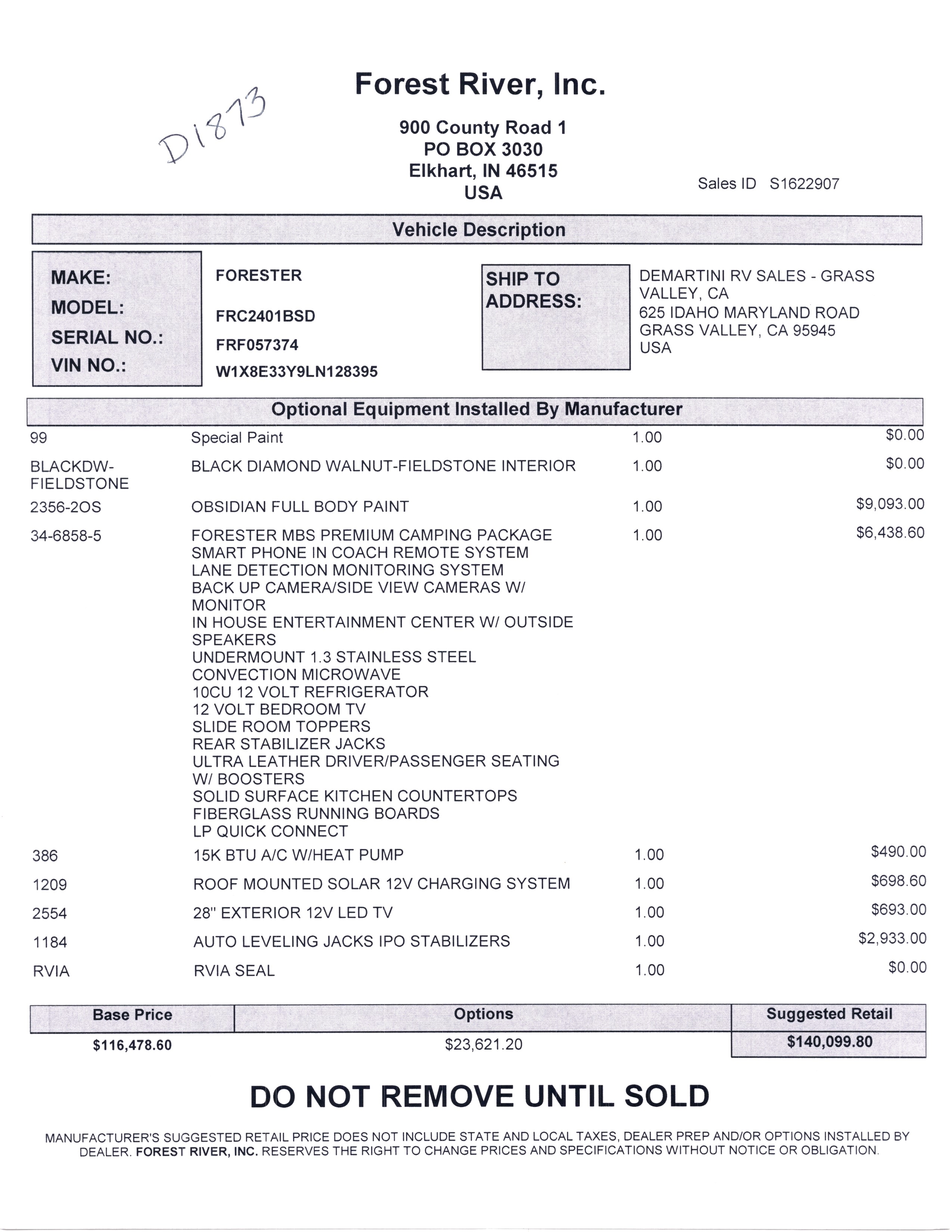 2021 Forest River Forester MBS 2401B MSRP Sheet