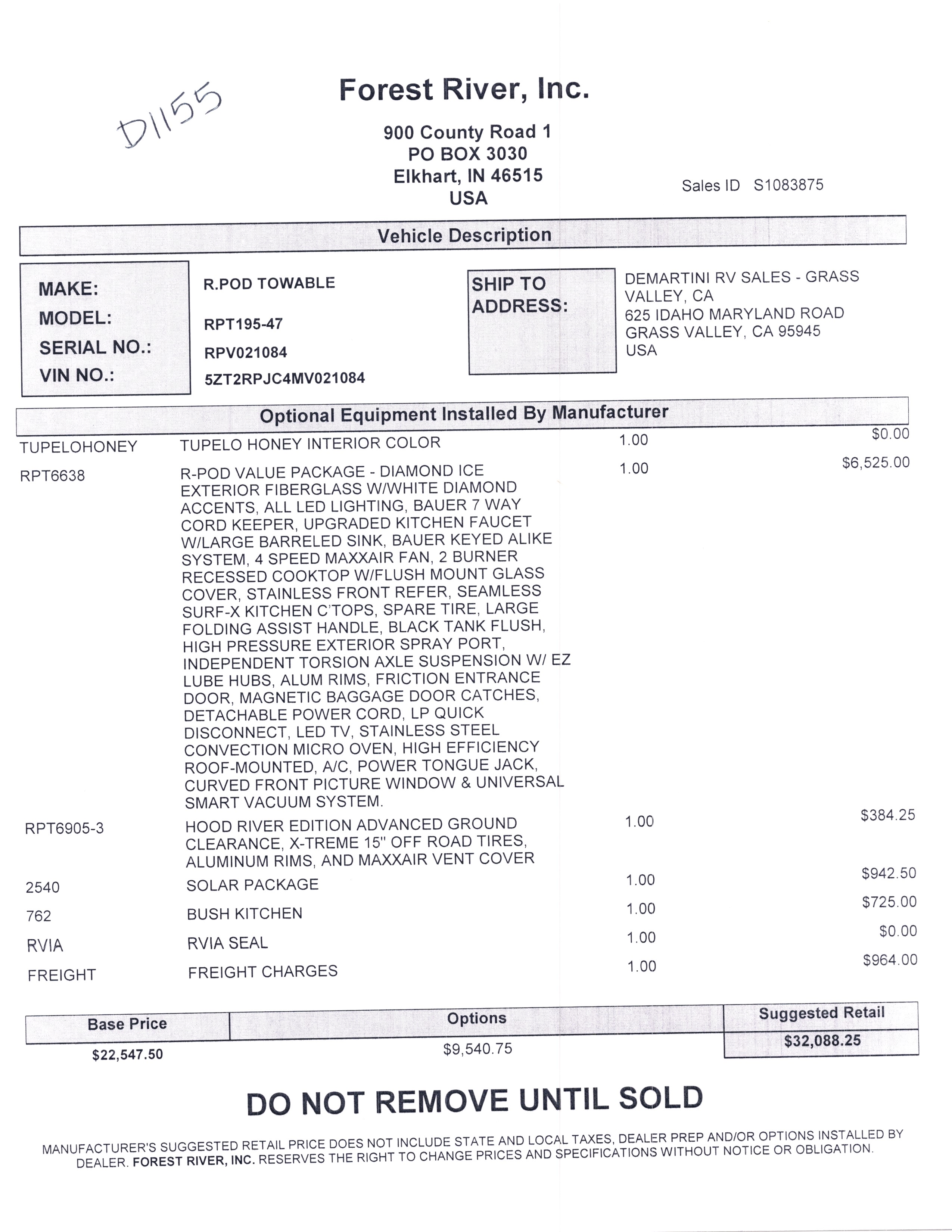 2021 Forest River R-Pod 195 MSRP Sheet