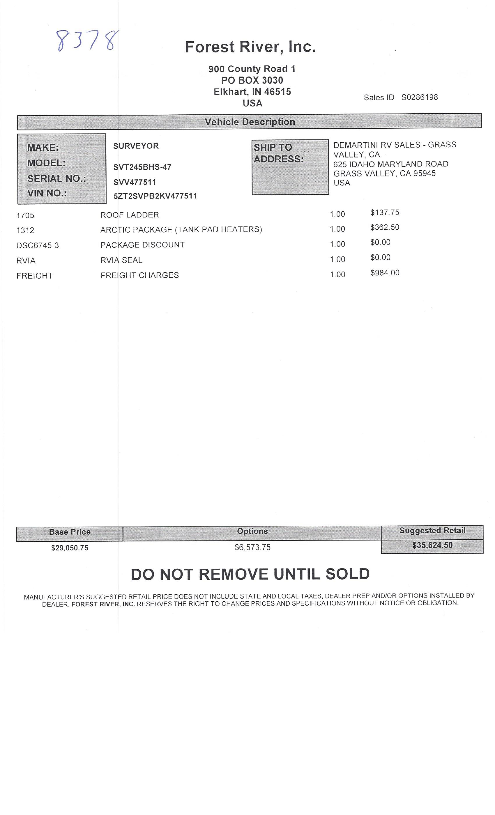 2018 Forest River Surveyor 245BH MSRP Sheet