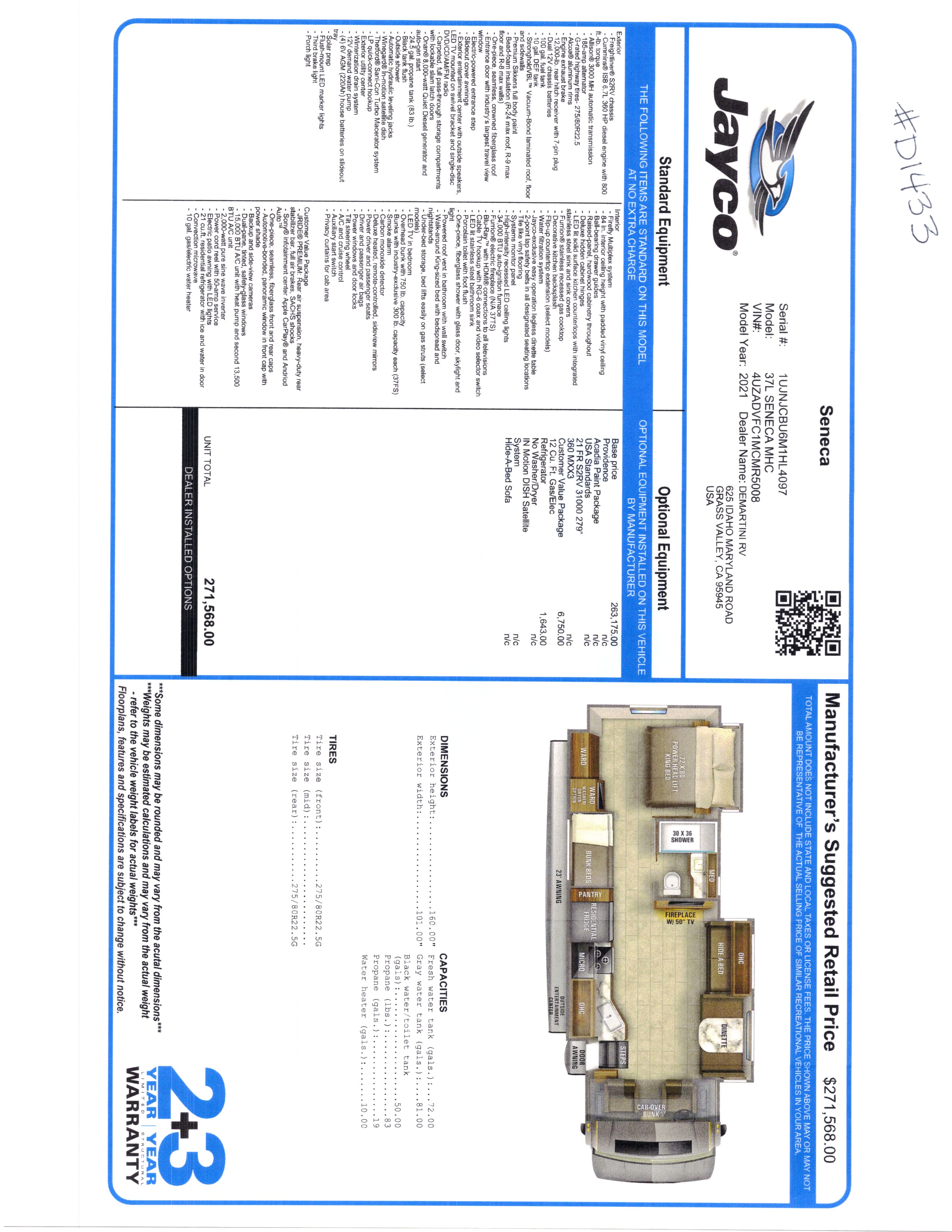 2021 Jayco Seneca 37L MSRP Sheet