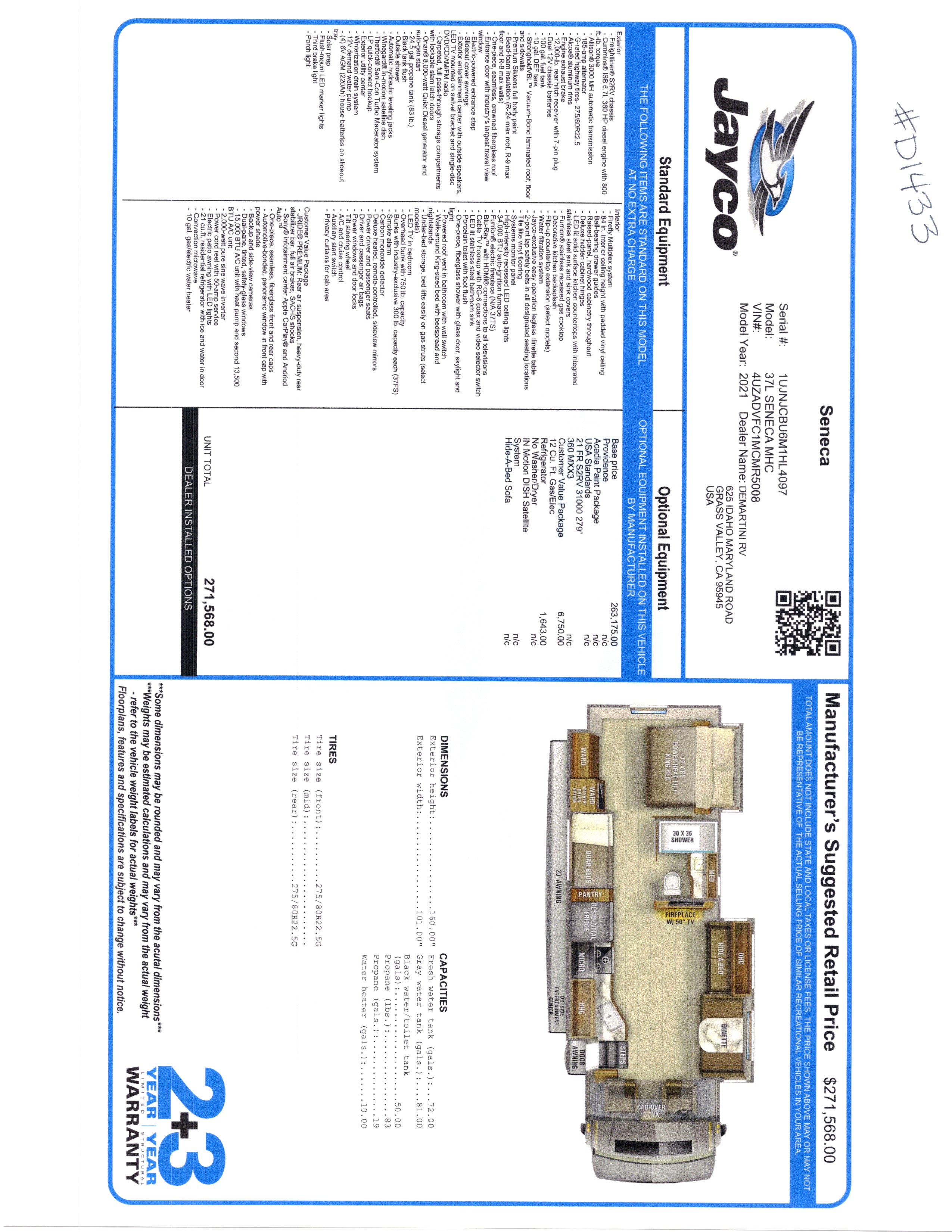 2021 Jayco Seneca 37L MSRP Sheet