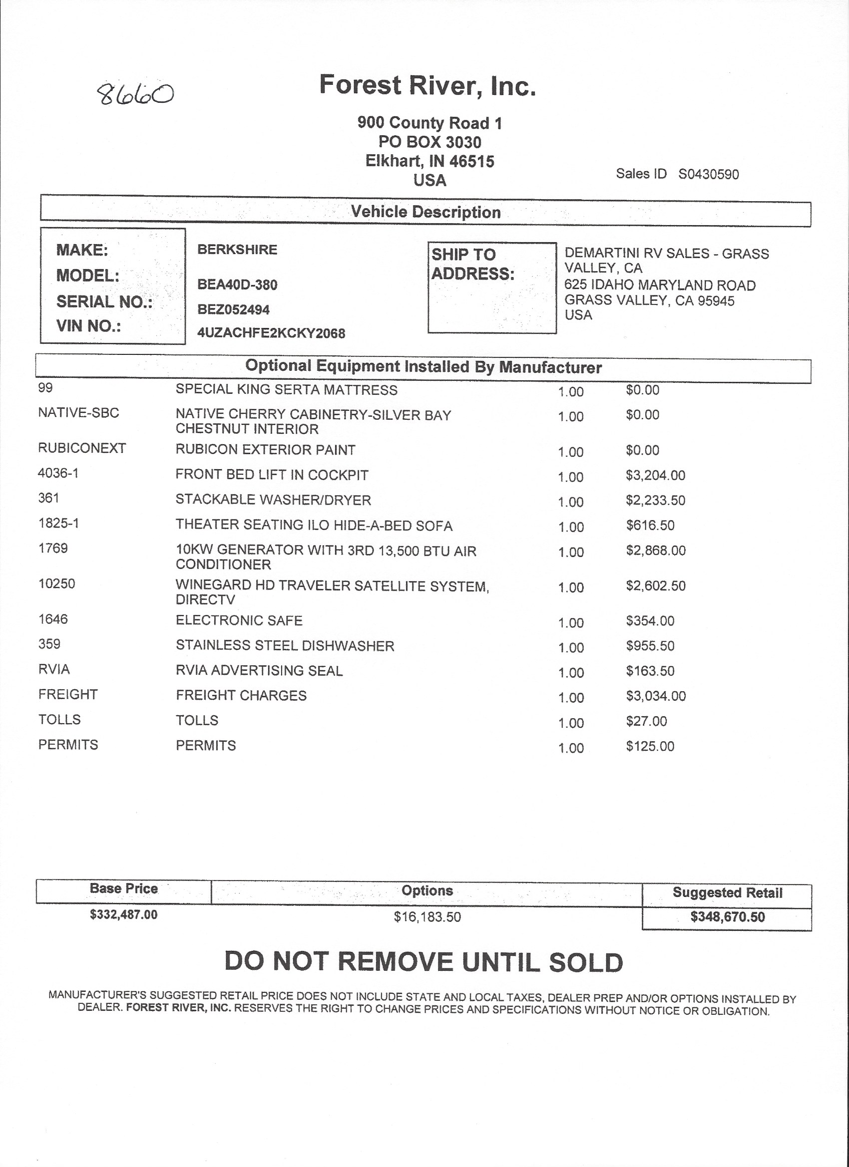 2019 Forest River Berkshire XL 40D MSRP Sheet