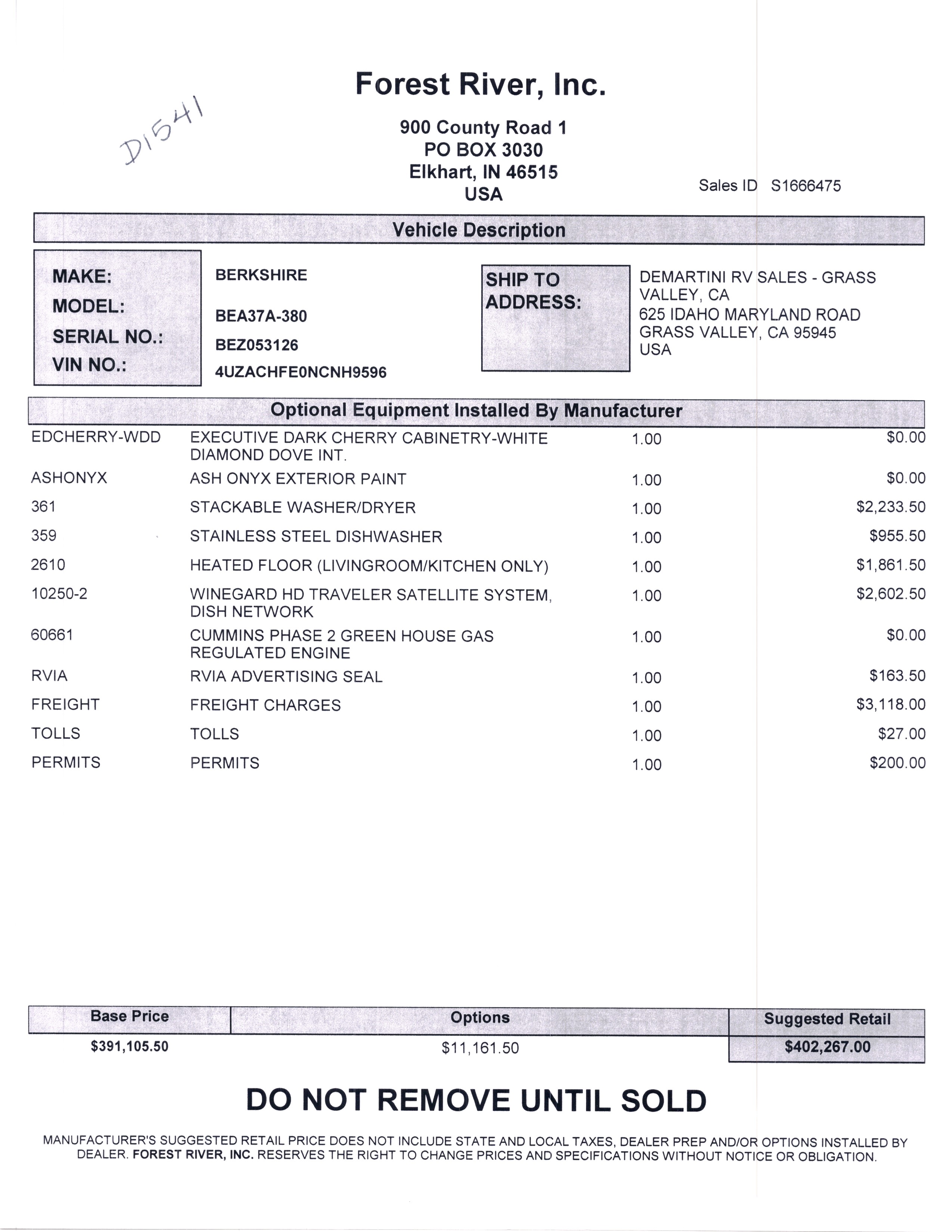 2021 Forest River Berkshire XL 37A MSRP Sheet