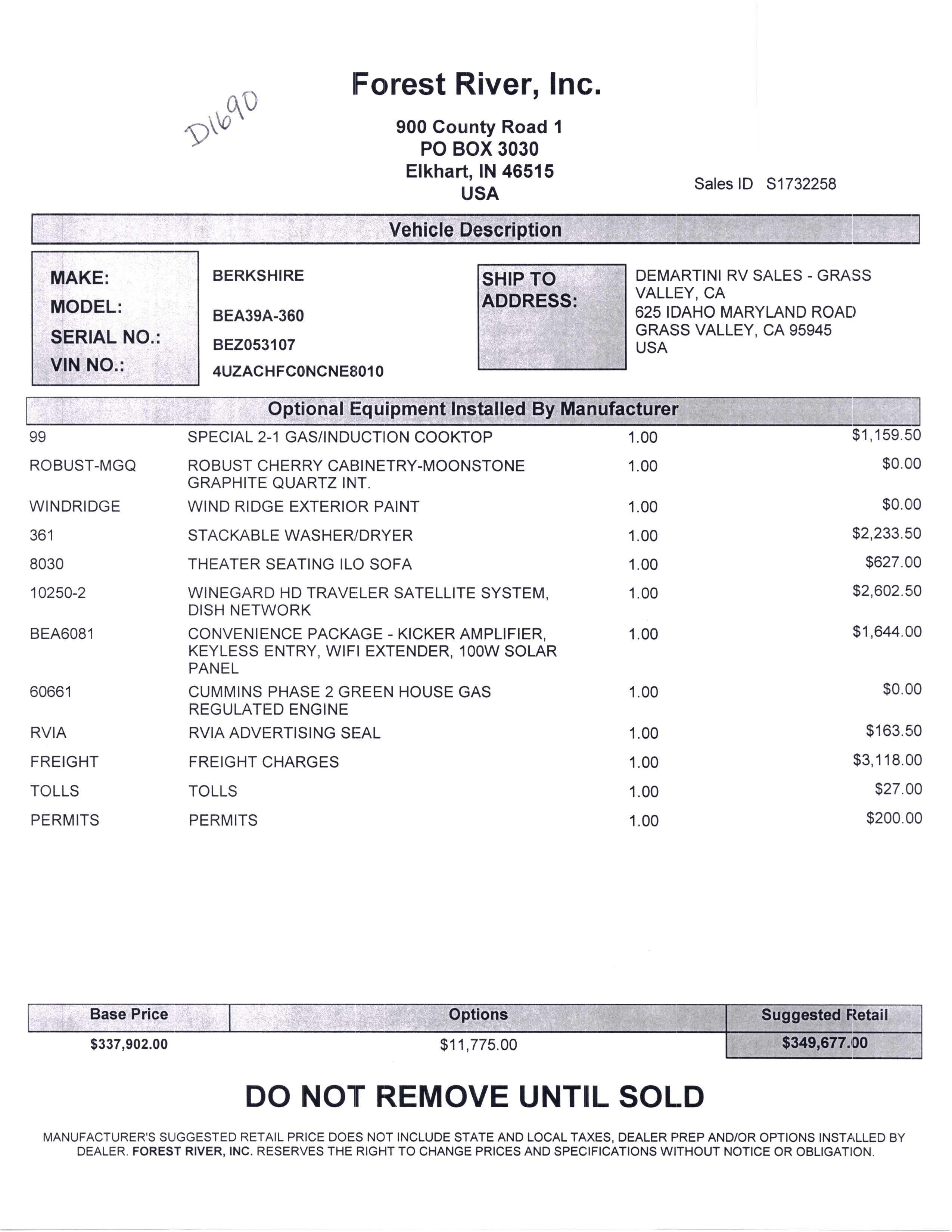 2021 Forest River Berkshire 39A MSRP Sheet