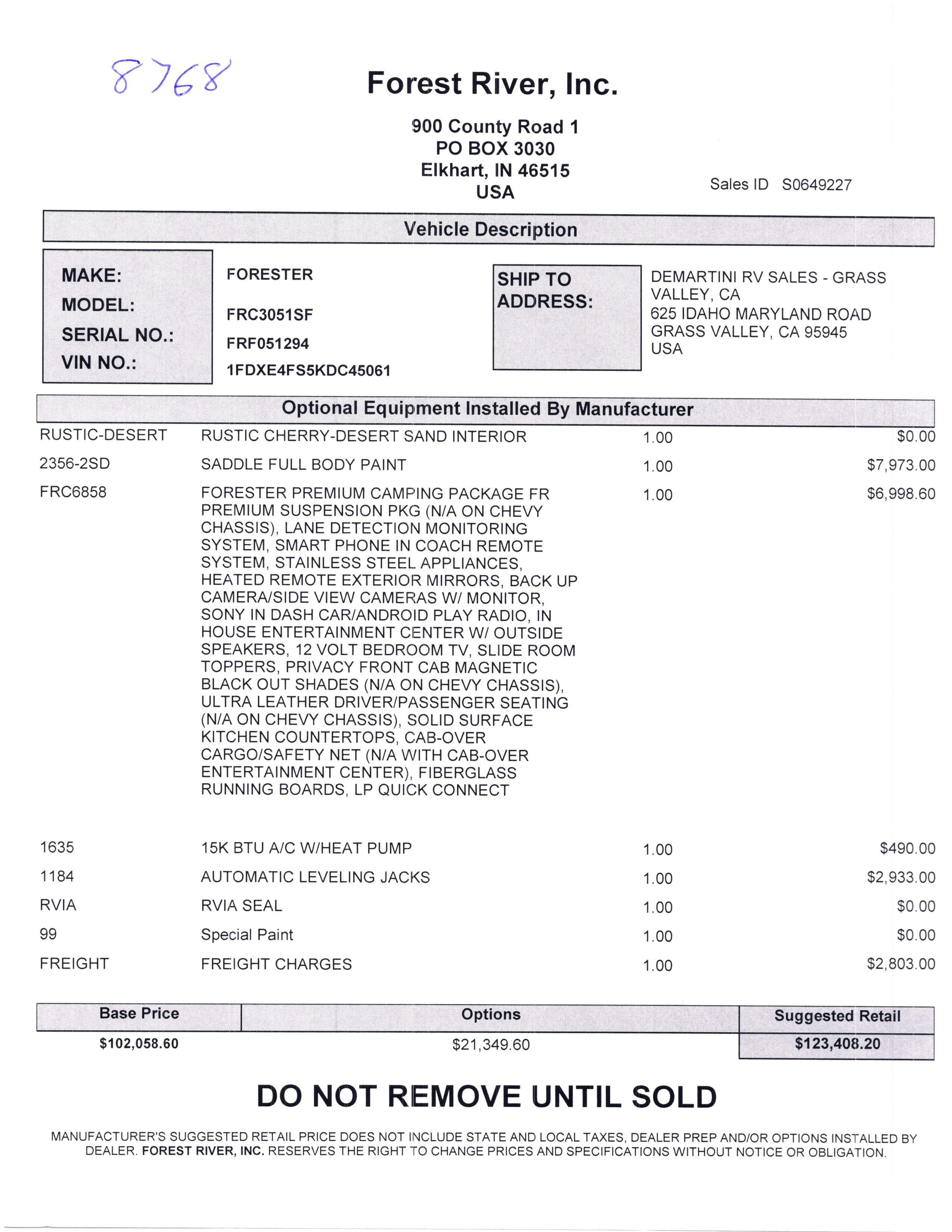 2020 Forest River Forester 3051S MSRP Sheet