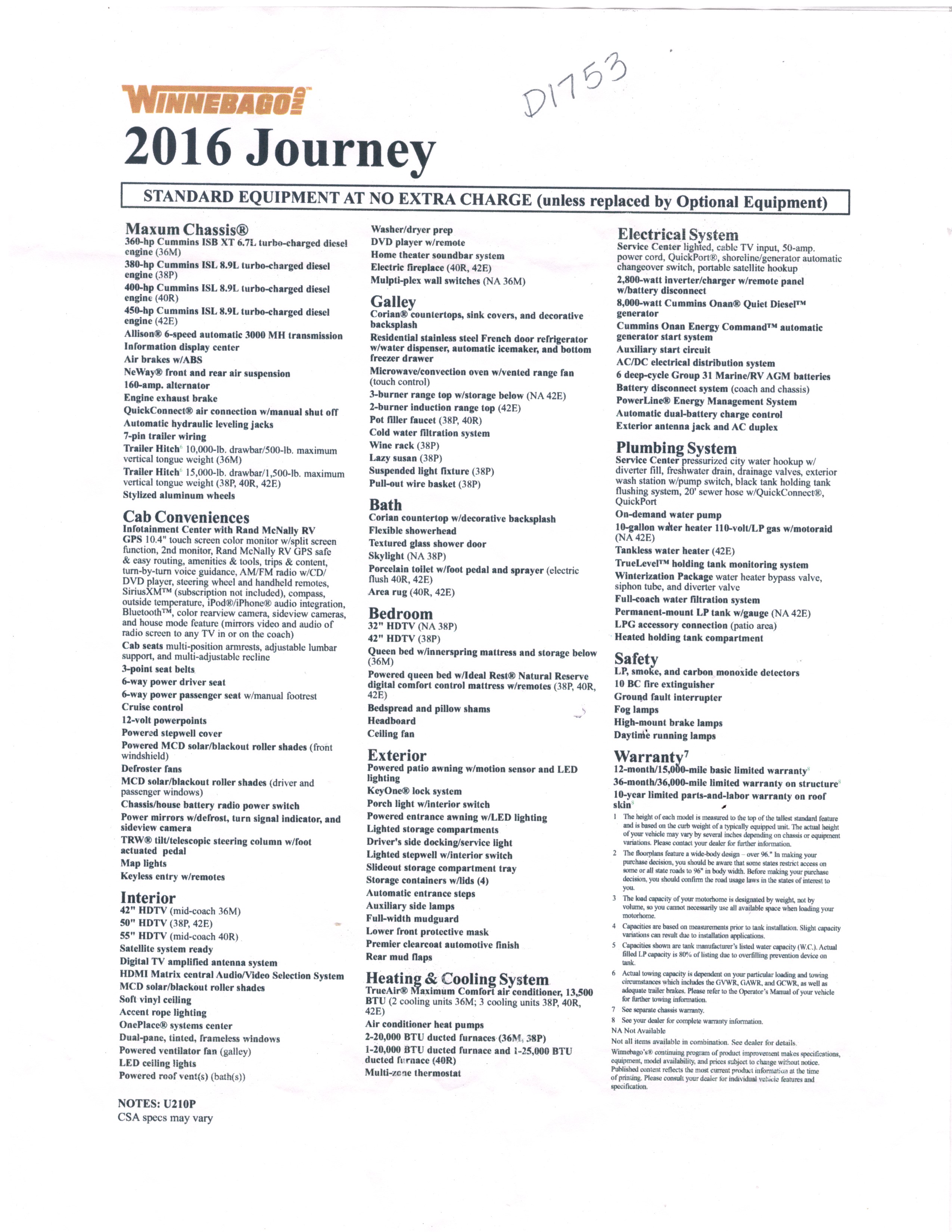 2016 Winnebago Journey 36M MSRP Sheet