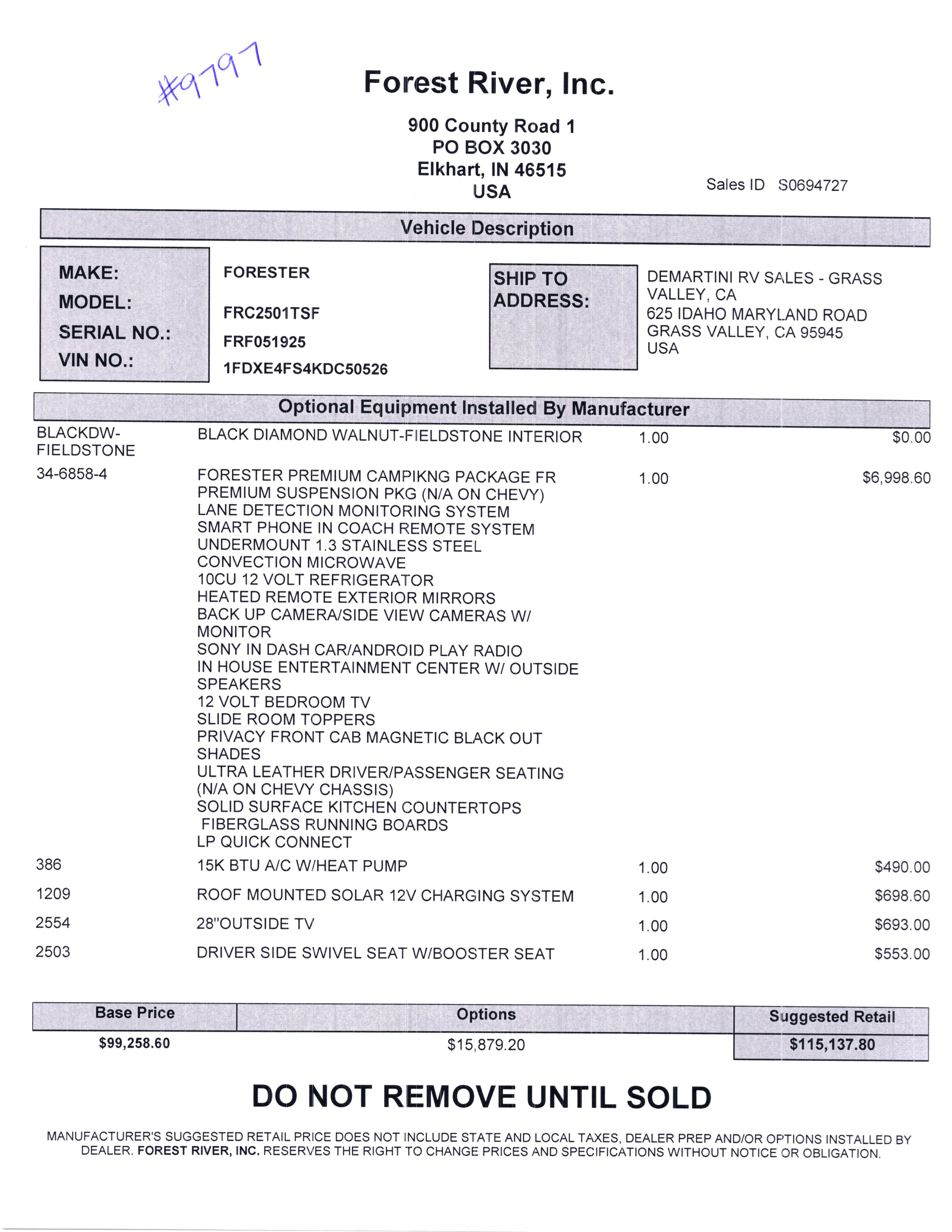 2020 Forest River Forester 2501TS MSRP Sheet