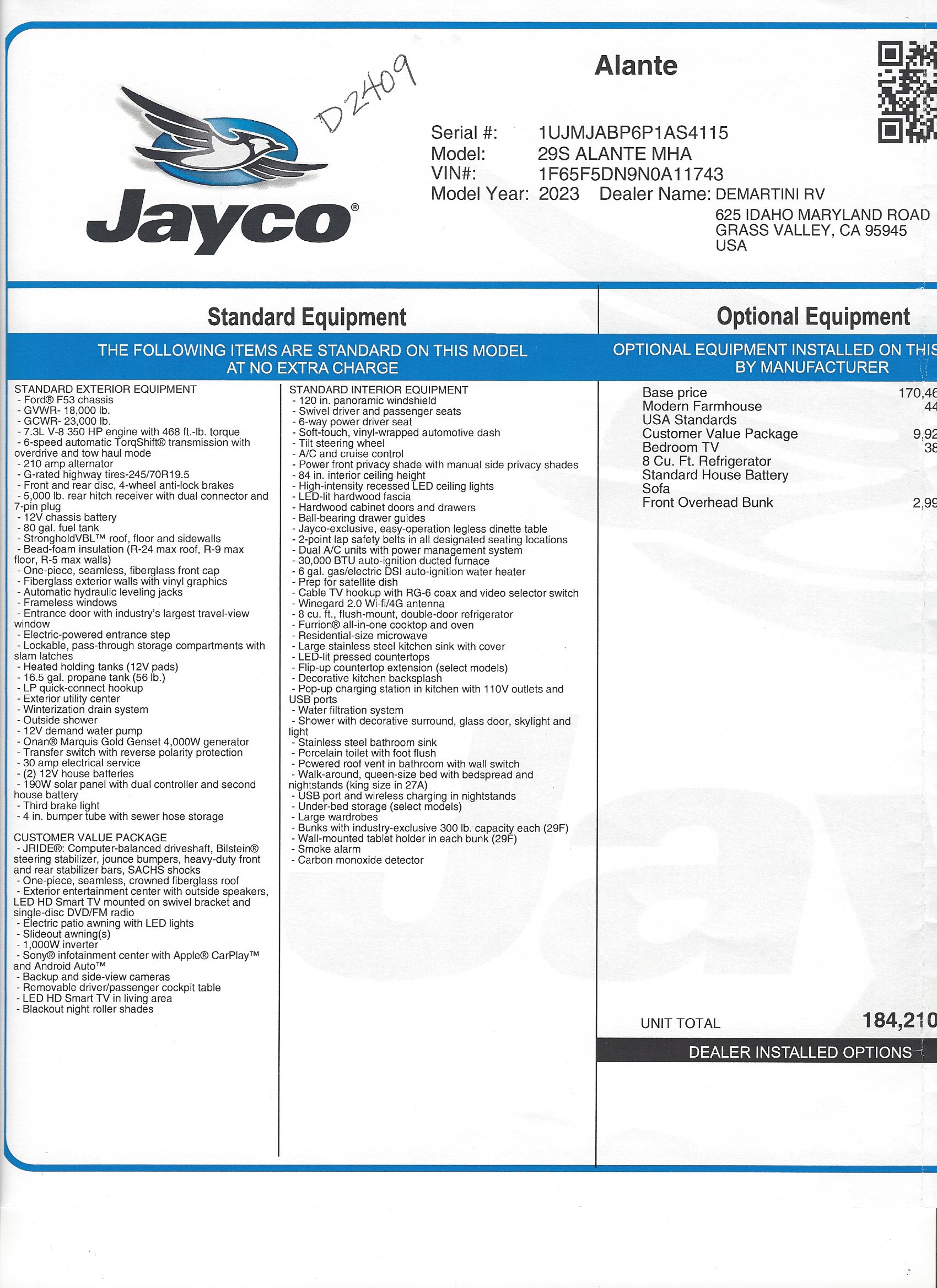 2023 Jayco Alante 29S MSRP Sheet