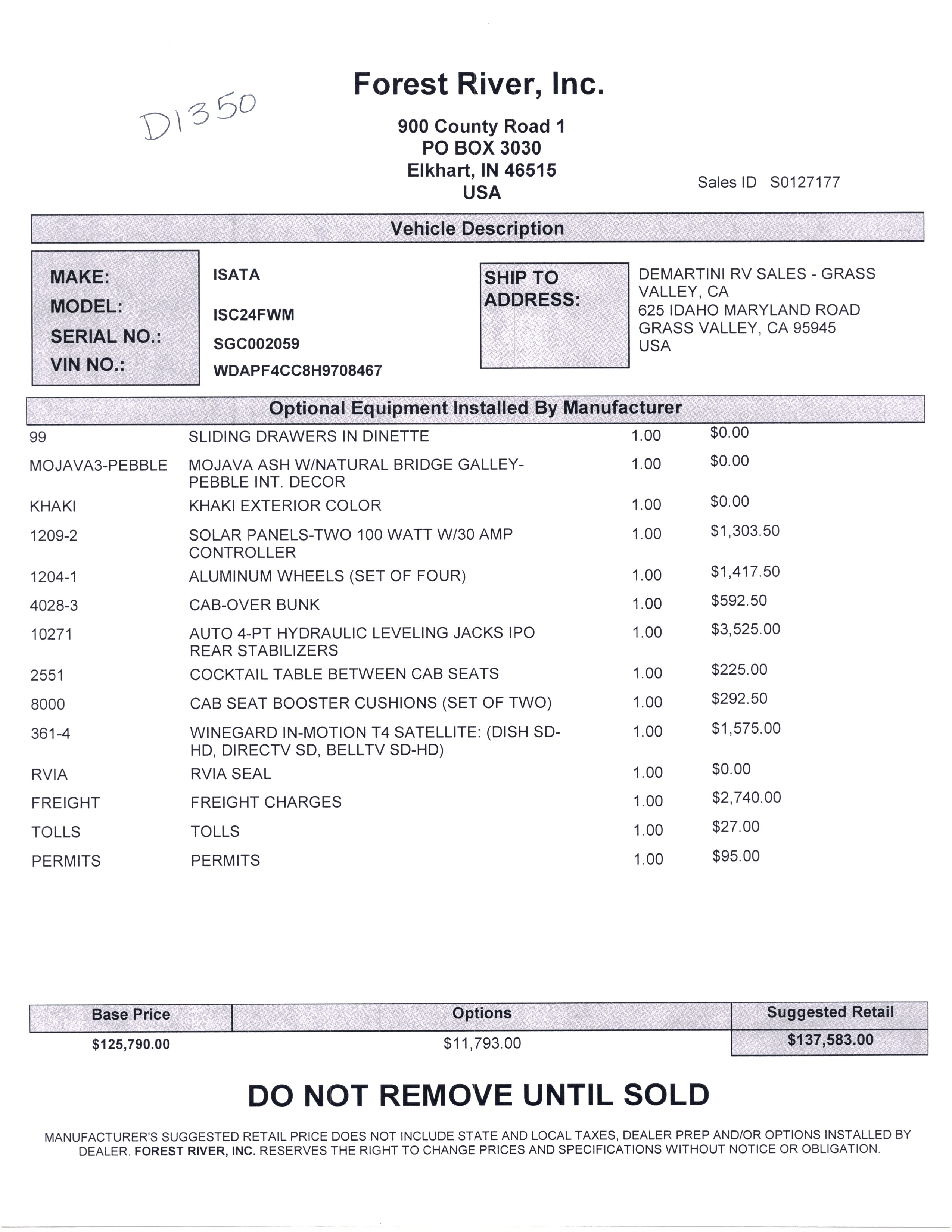 2018 Dynamax Isata 3 24FW MSRP Sheet