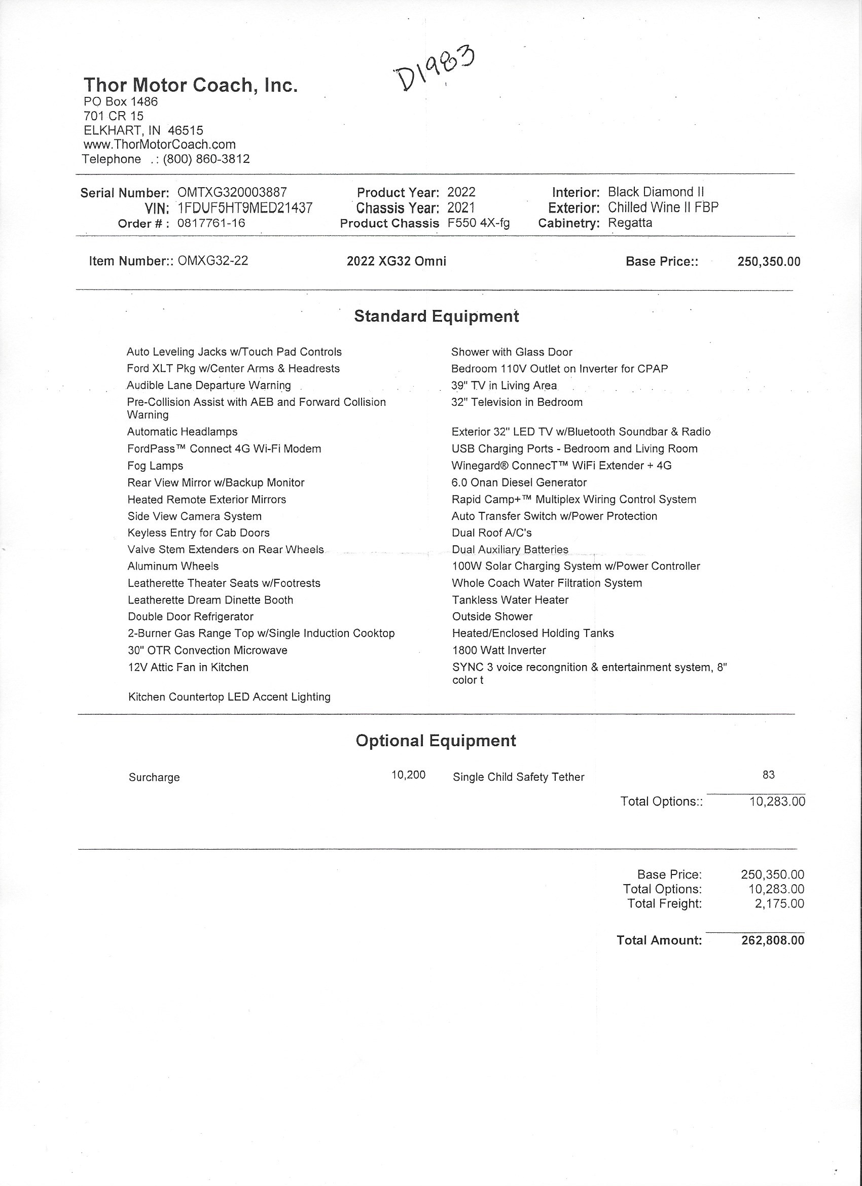 2022 Thor Omni XG32 MSRP Sheet