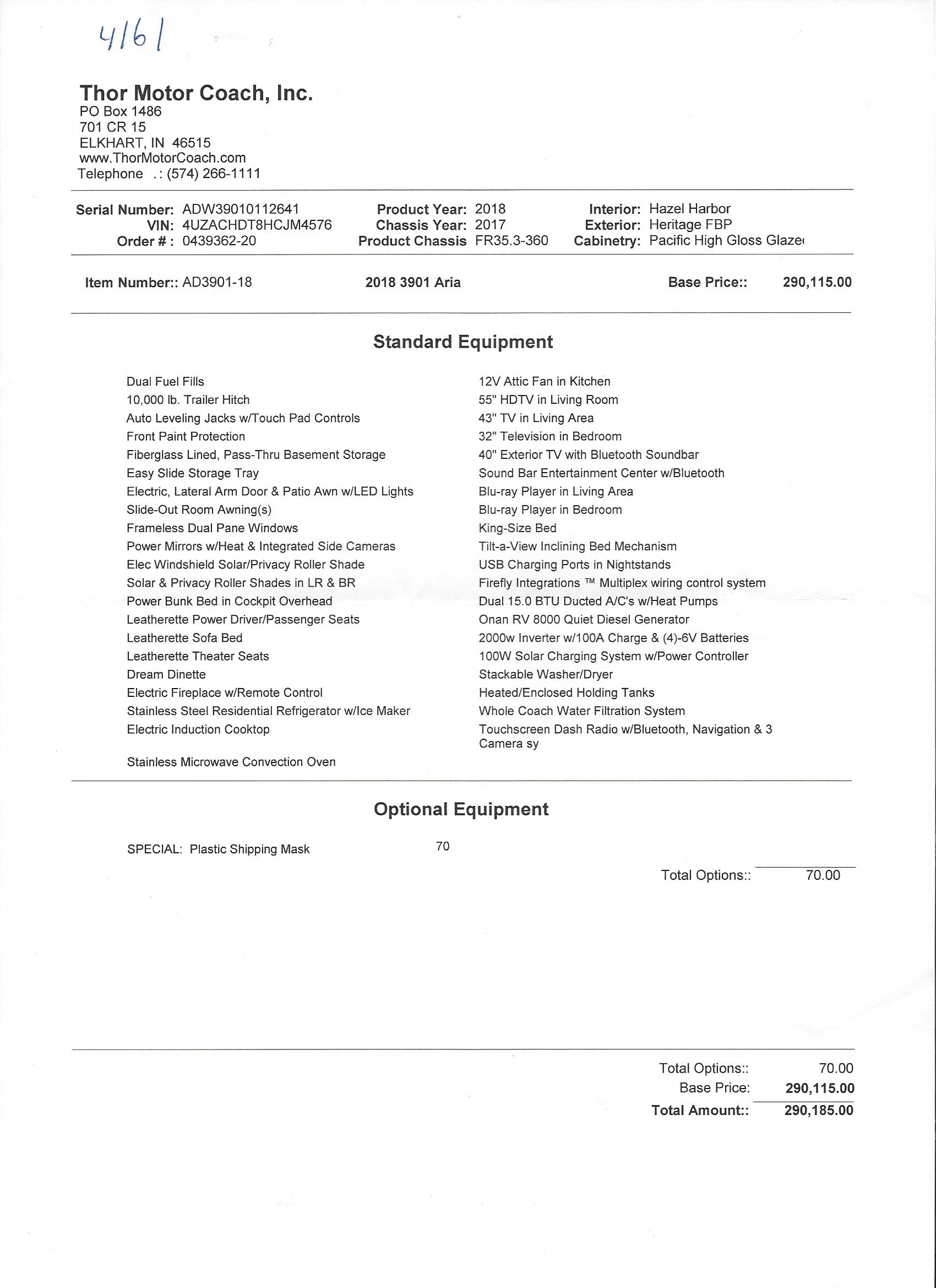 2018 Thor Aria 3901 MSRP Sheet