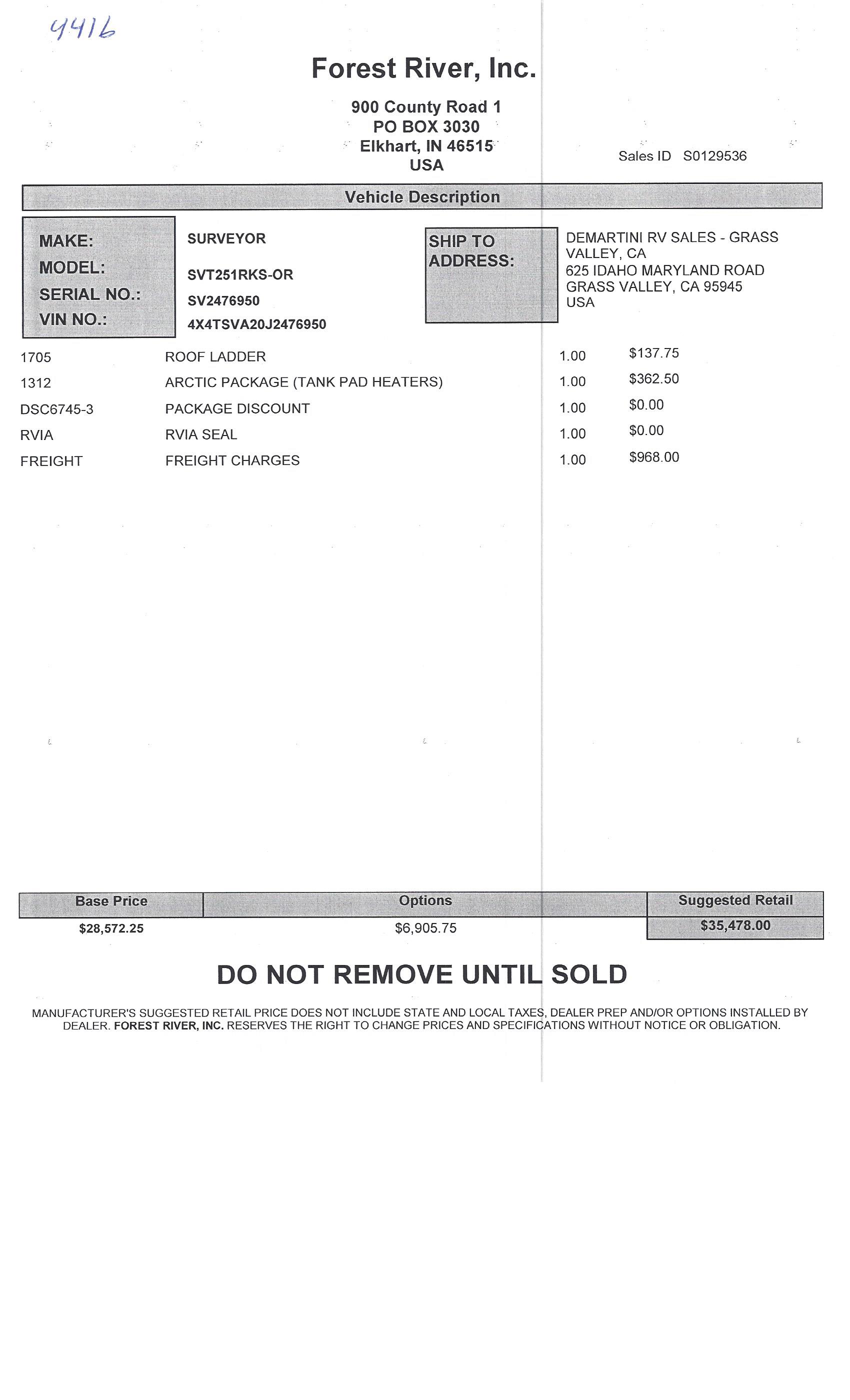 2018 Forest River Surveyor 251RKS MSRP Sheet