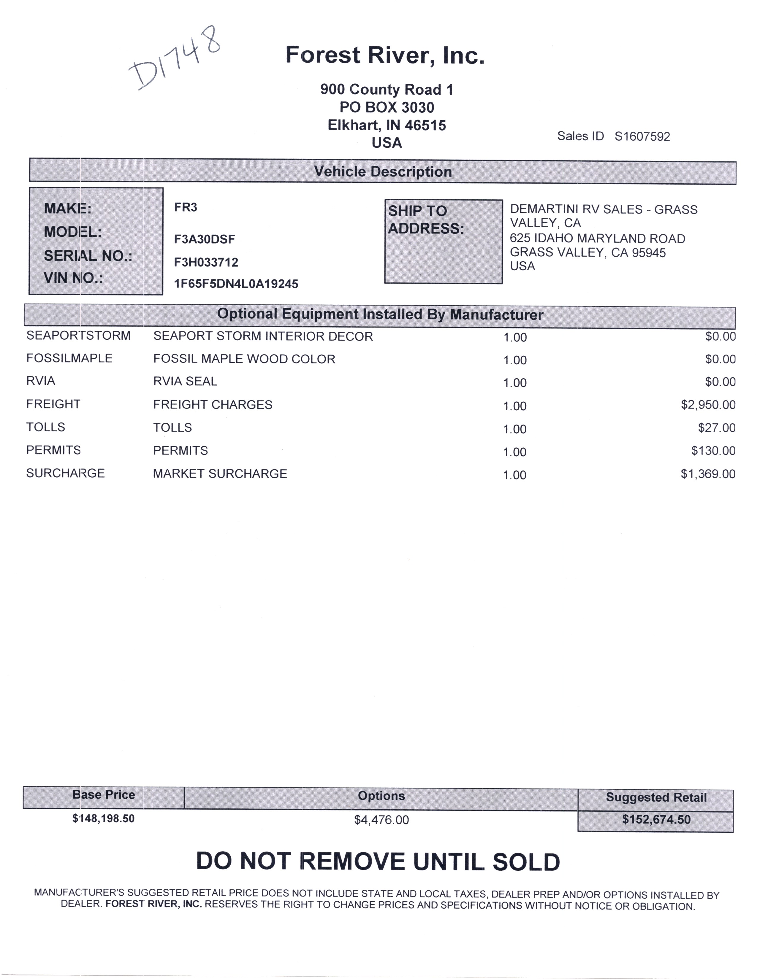 2021 Forest River FR3 30DS MSRP Sheet