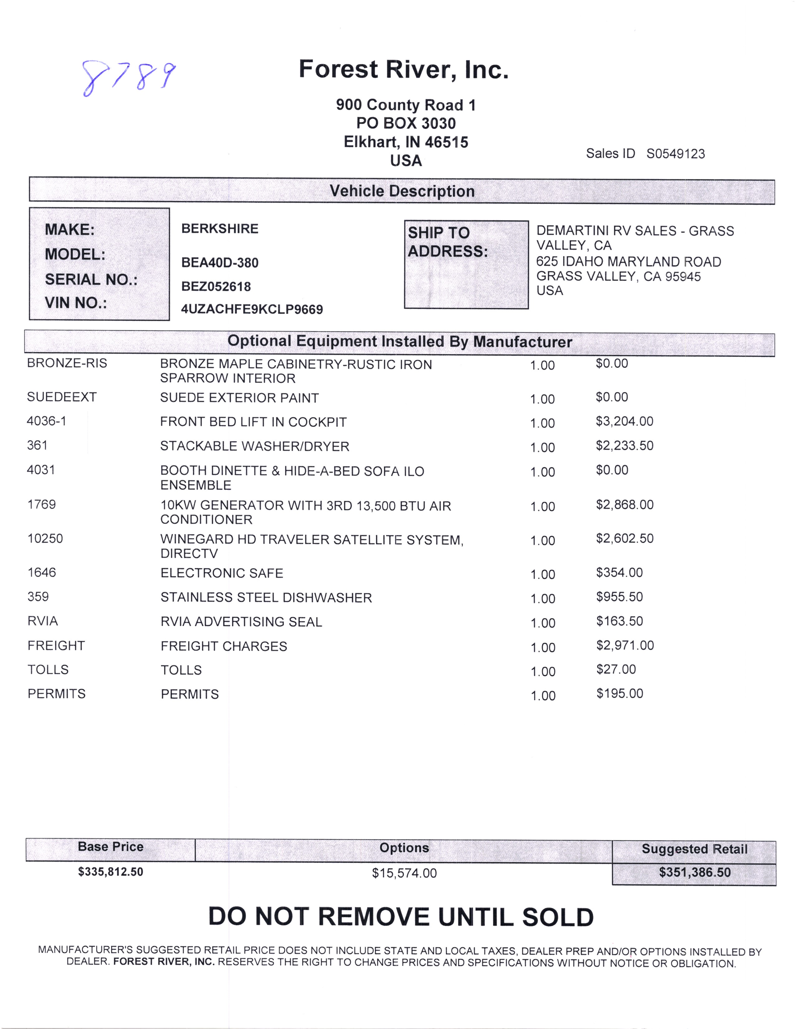 2019 Forest River Berkshire XL 40D MSRP Sheet