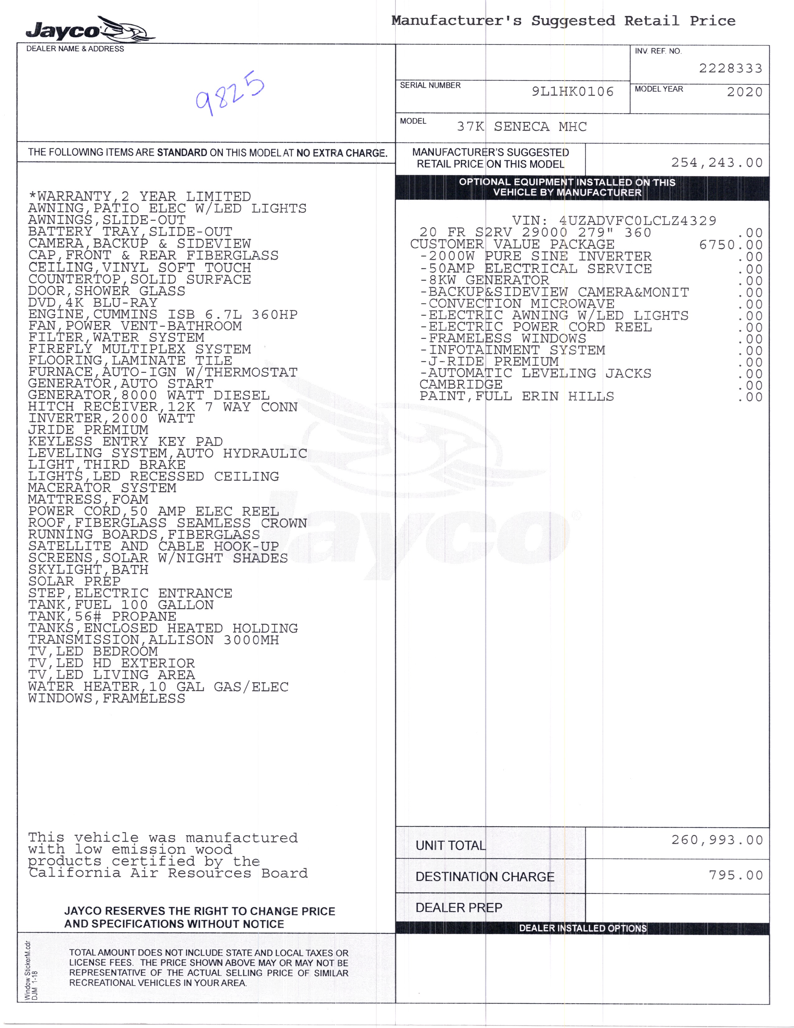 2020 Jayco Seneca 37K MSRP Sheet