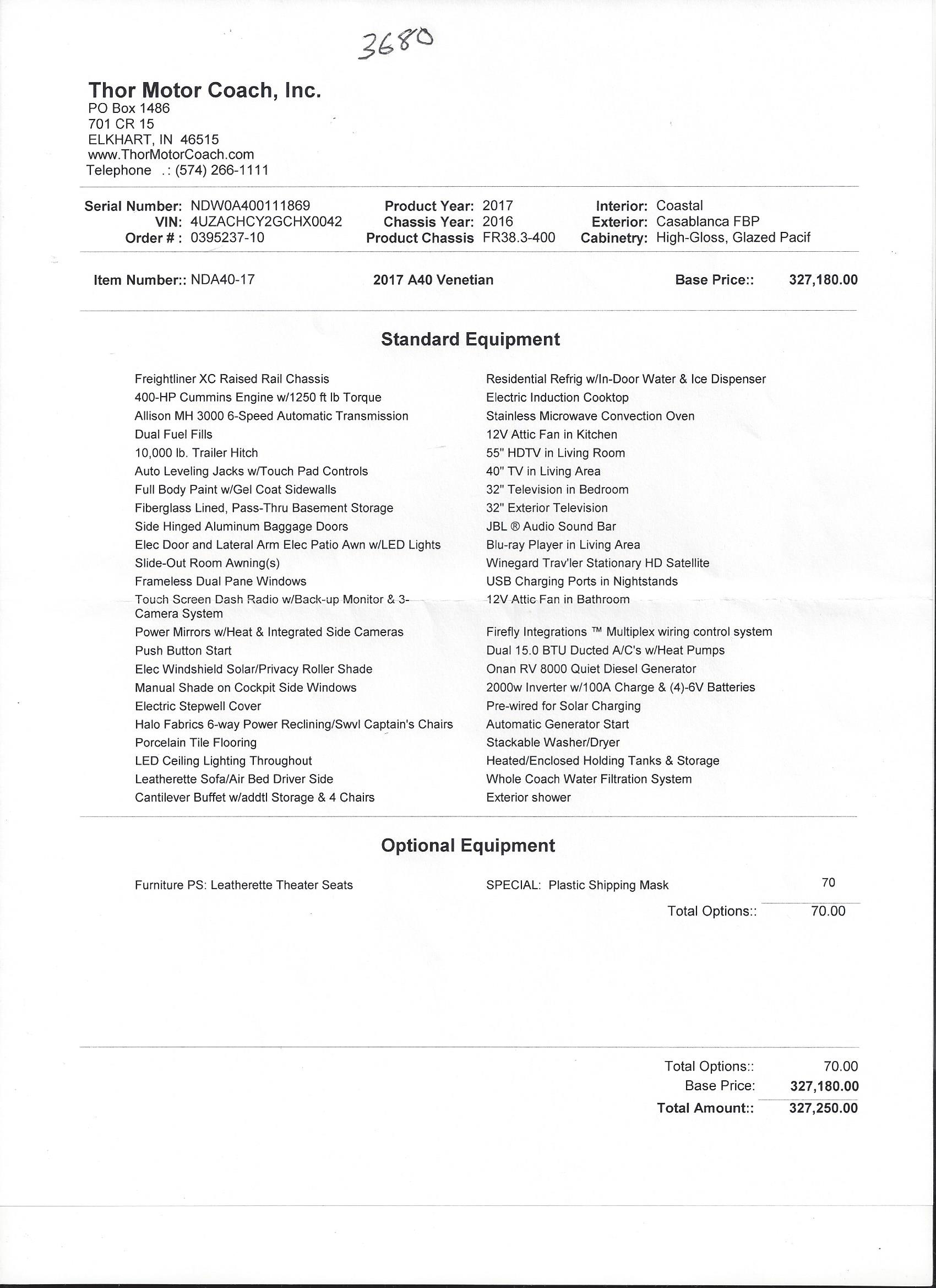 2017 Thor Venetian A40 MSRP Sheet
