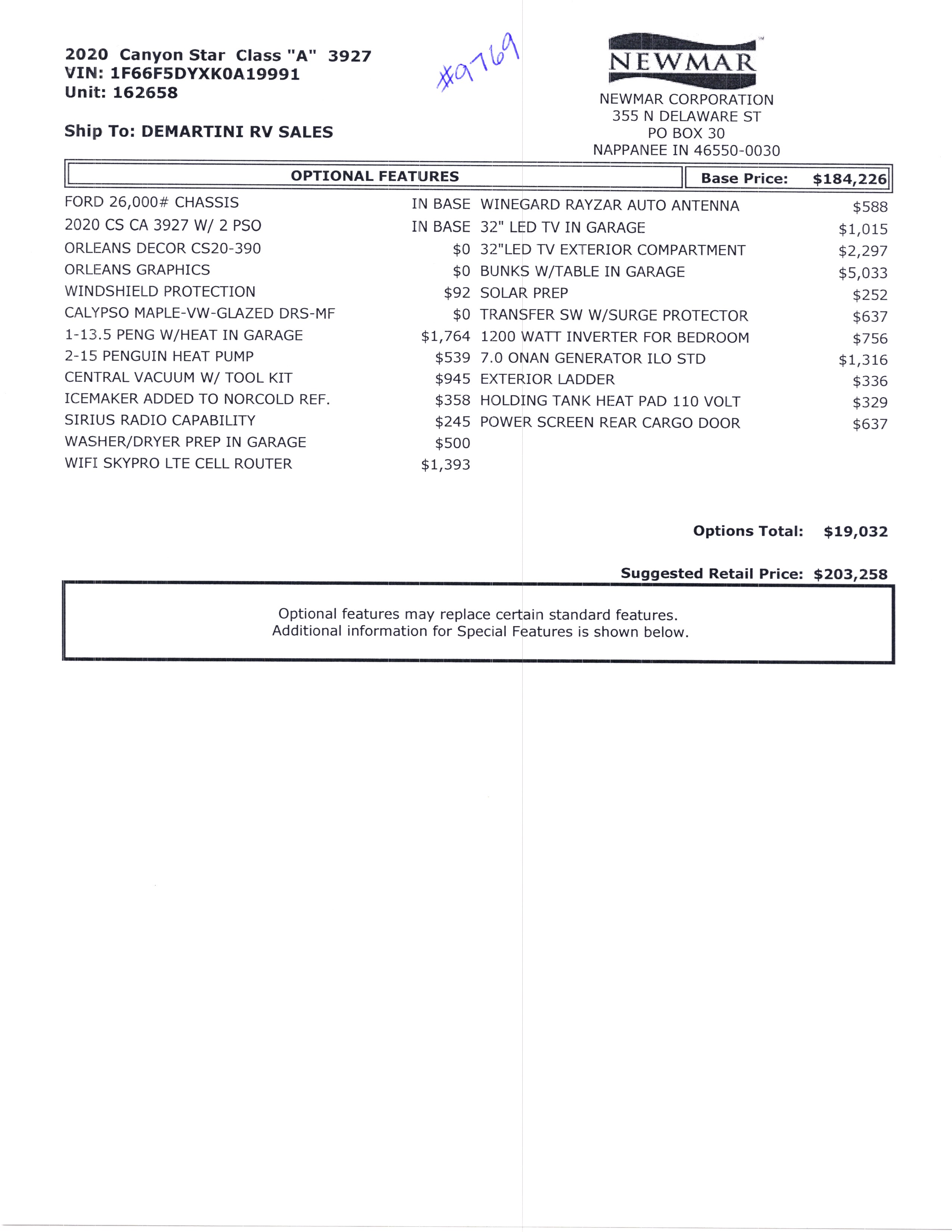 2020 Newmar Canyon Star 3927 MSRP Sheet