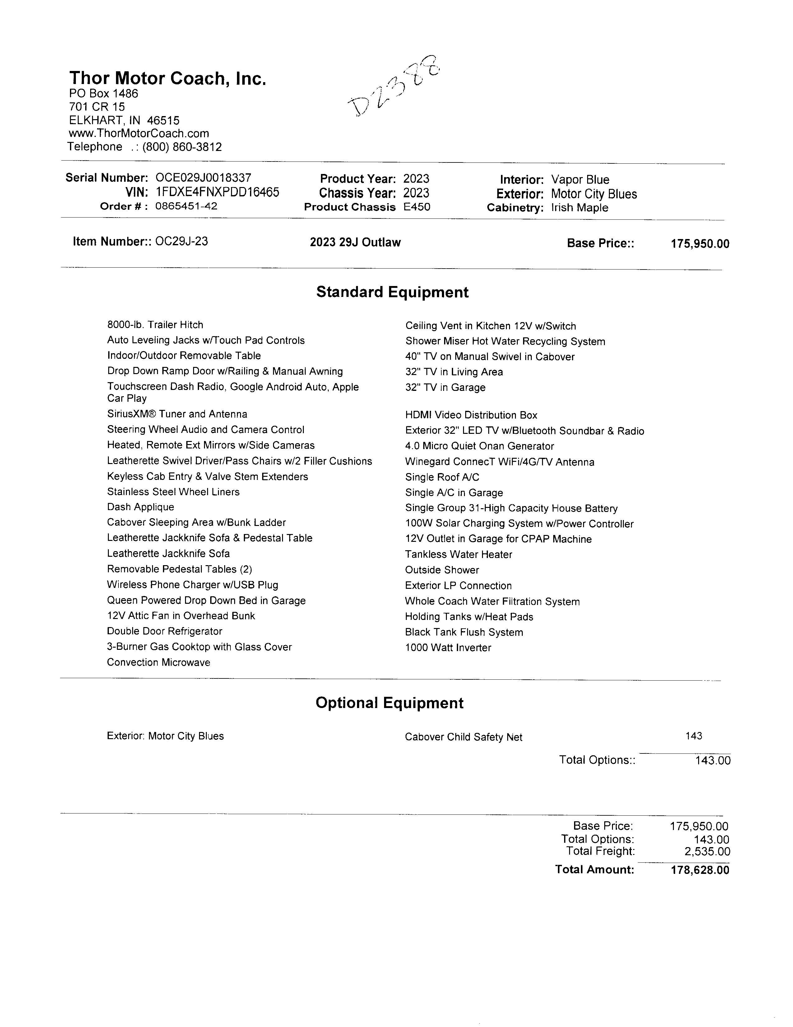 2023 Thor Outlaw 29J Toy Hauler MSRP Sheet