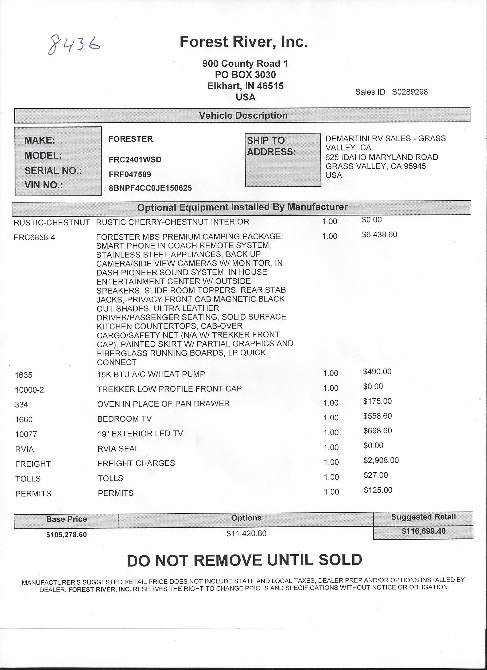 2019 Forest River Forester MBS 2401W MSRP Sheet