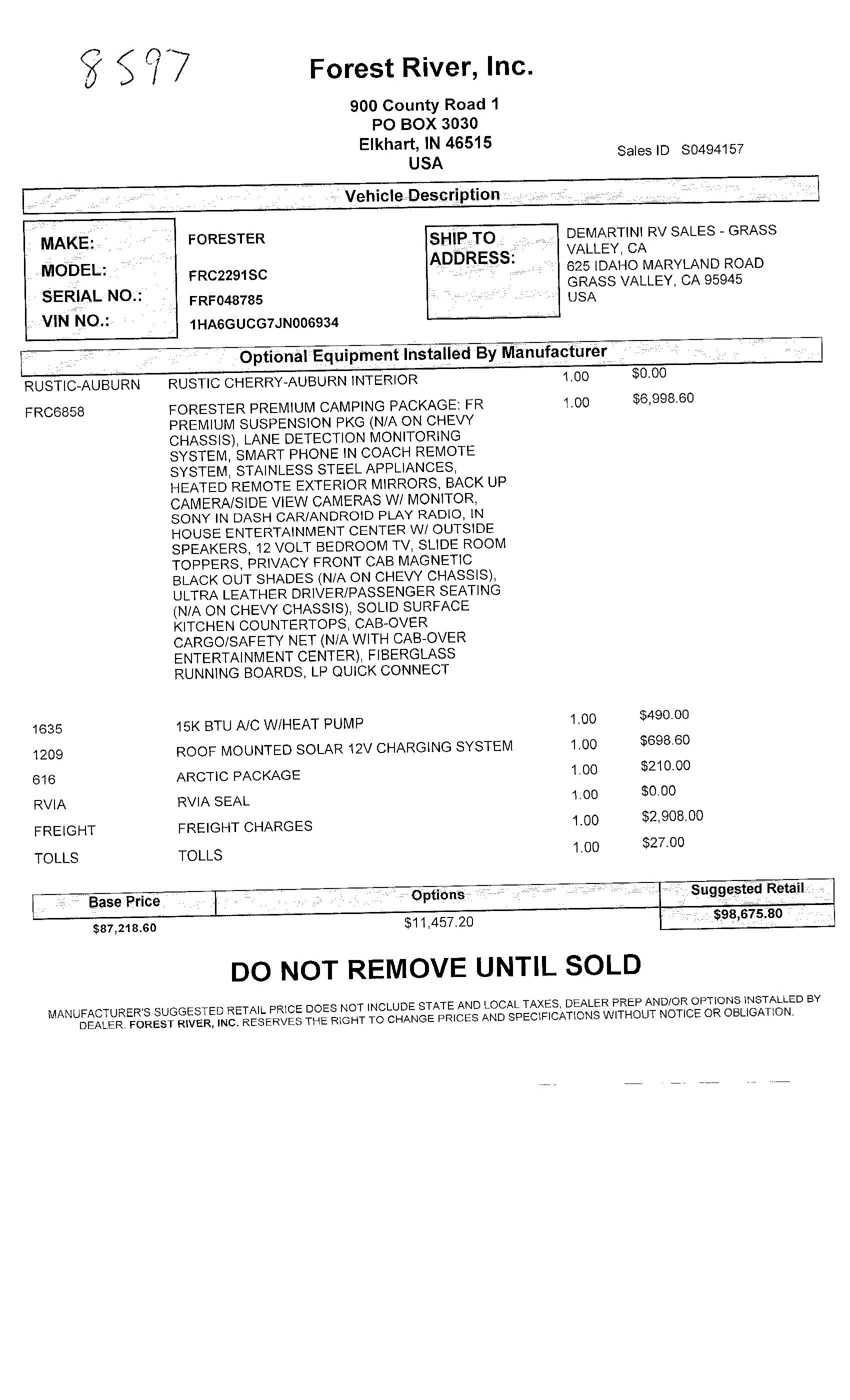 2019 Forest River Forester 2291S MSRP Sheet