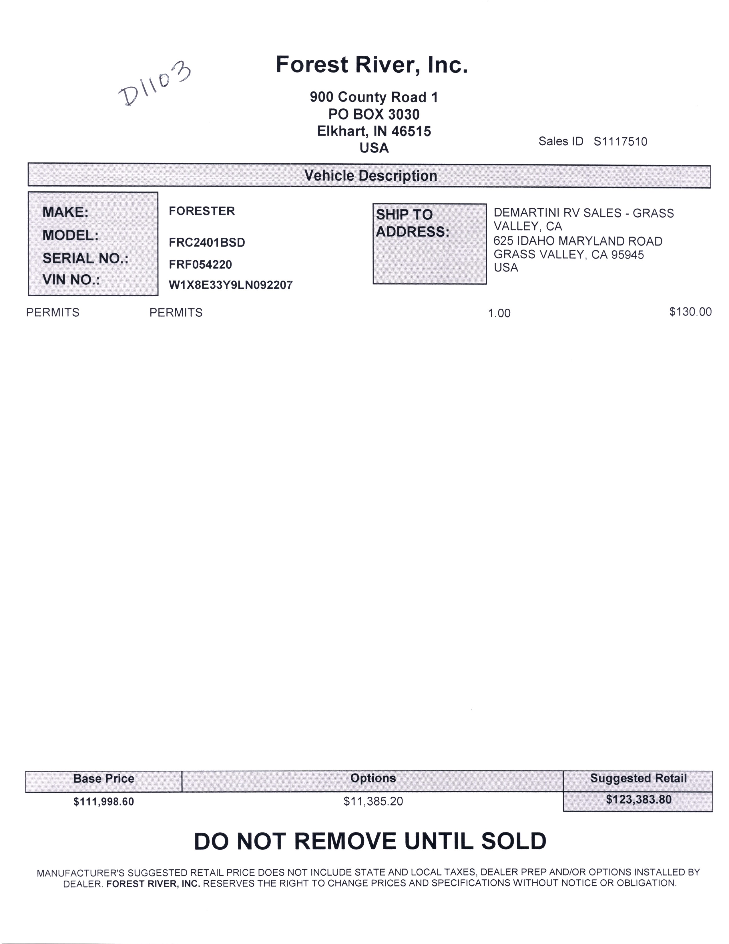 2021 Forest River Forester MBS 2401B MSRP Sheet