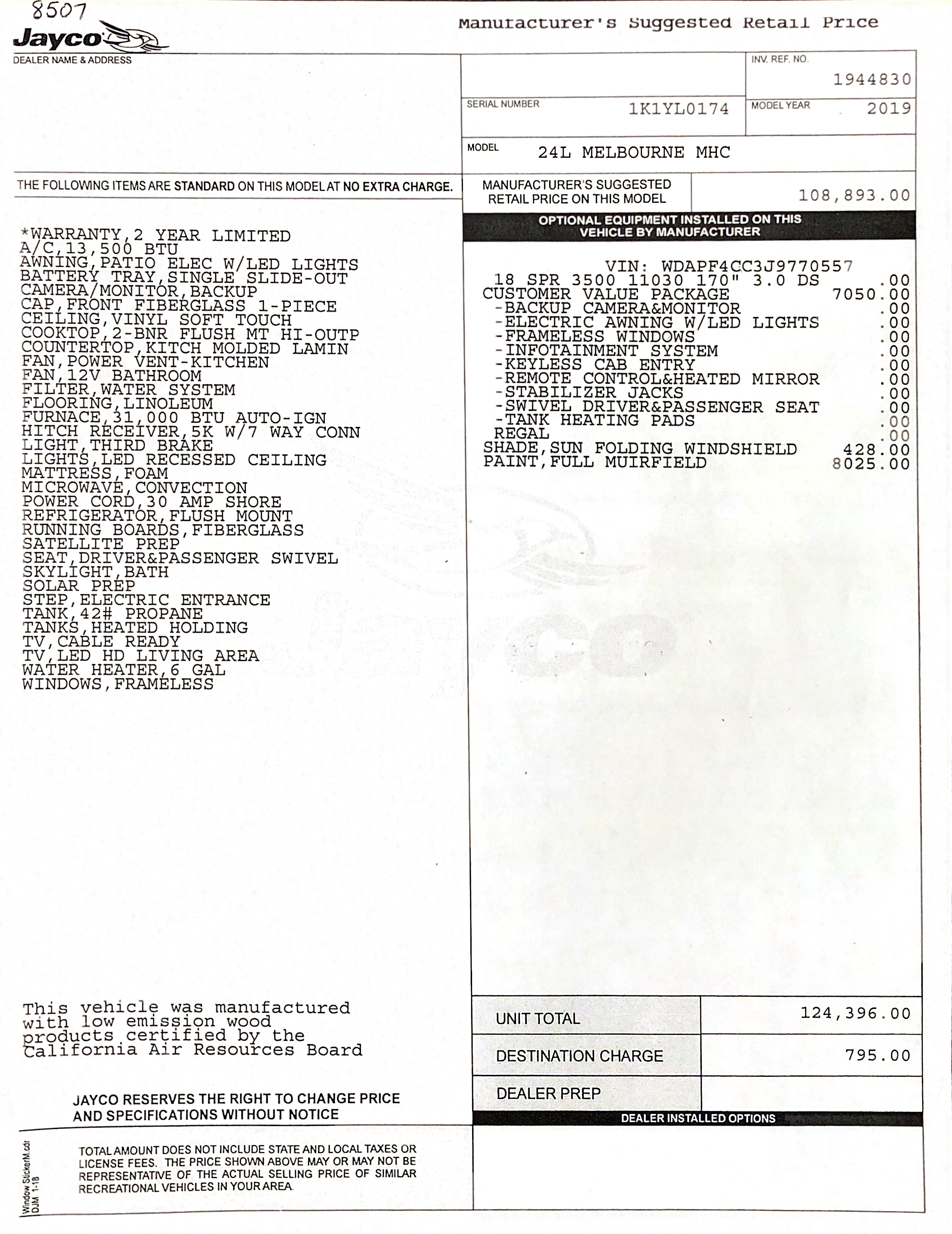 2019 Jayco Melbourne 24L MSRP Sheet