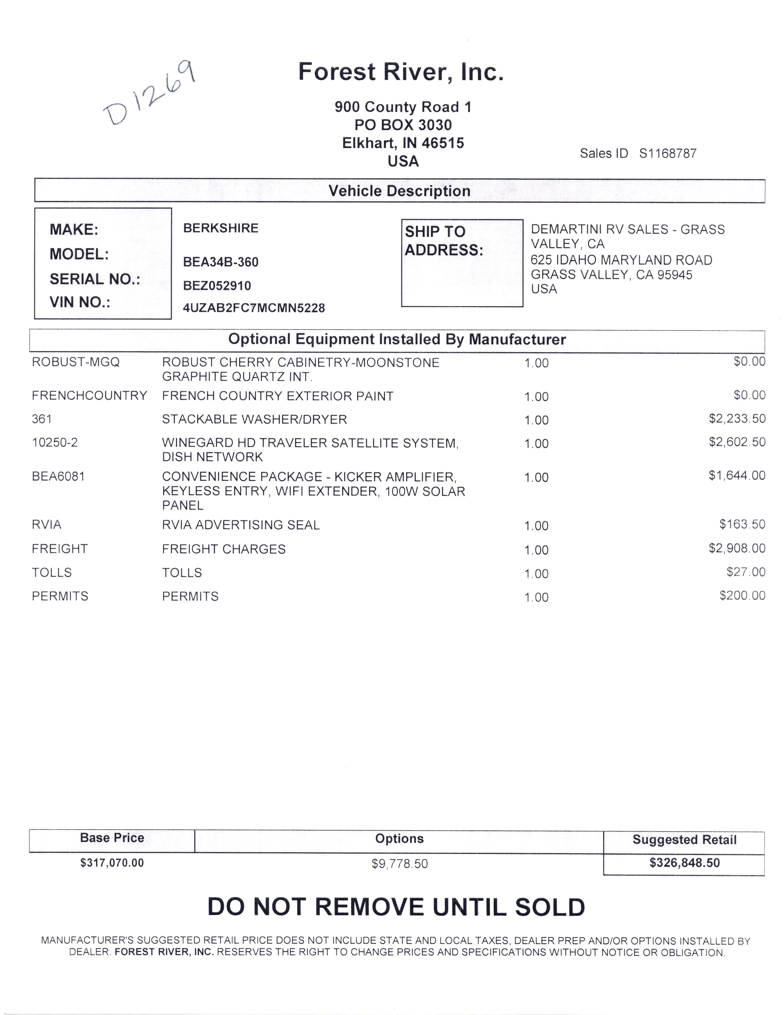 2021 Forest River Berkshire 34B MSRP Sheet