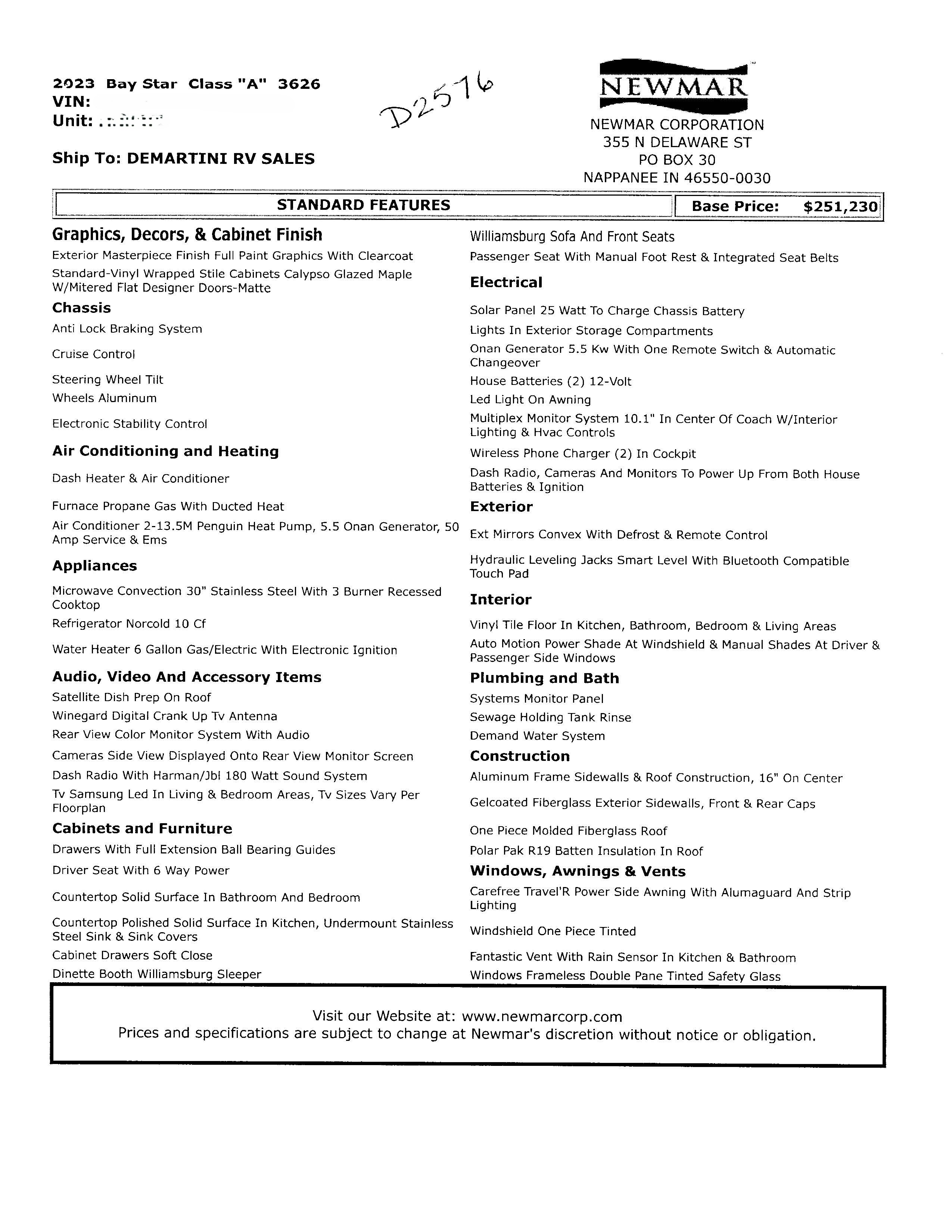 2023 Newmar Bay Star 3626 MSRP Sheet