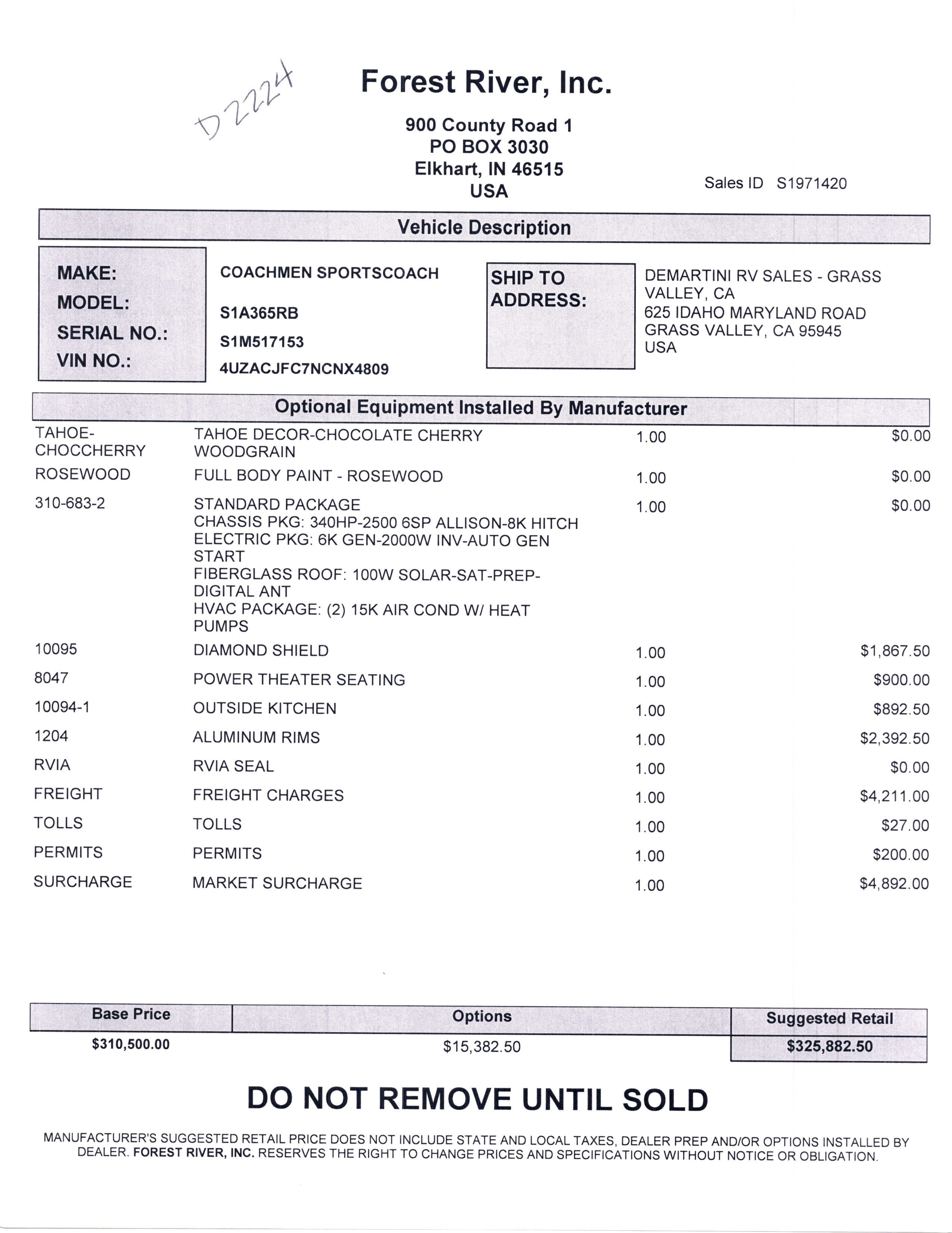 2022 Coachmen Sportscoach SRS 365RB MSRP Sheet