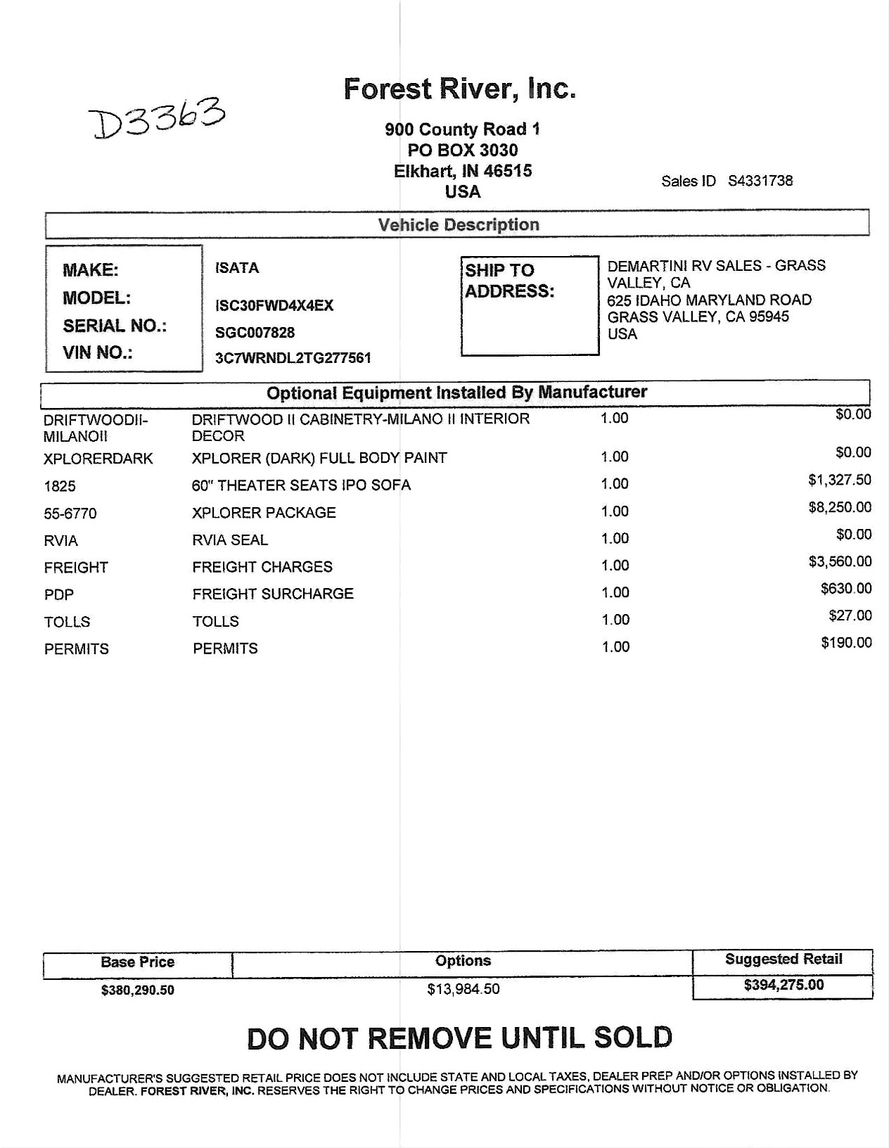 2027 Dynamax Isata 5 30FW MSRP Sheet