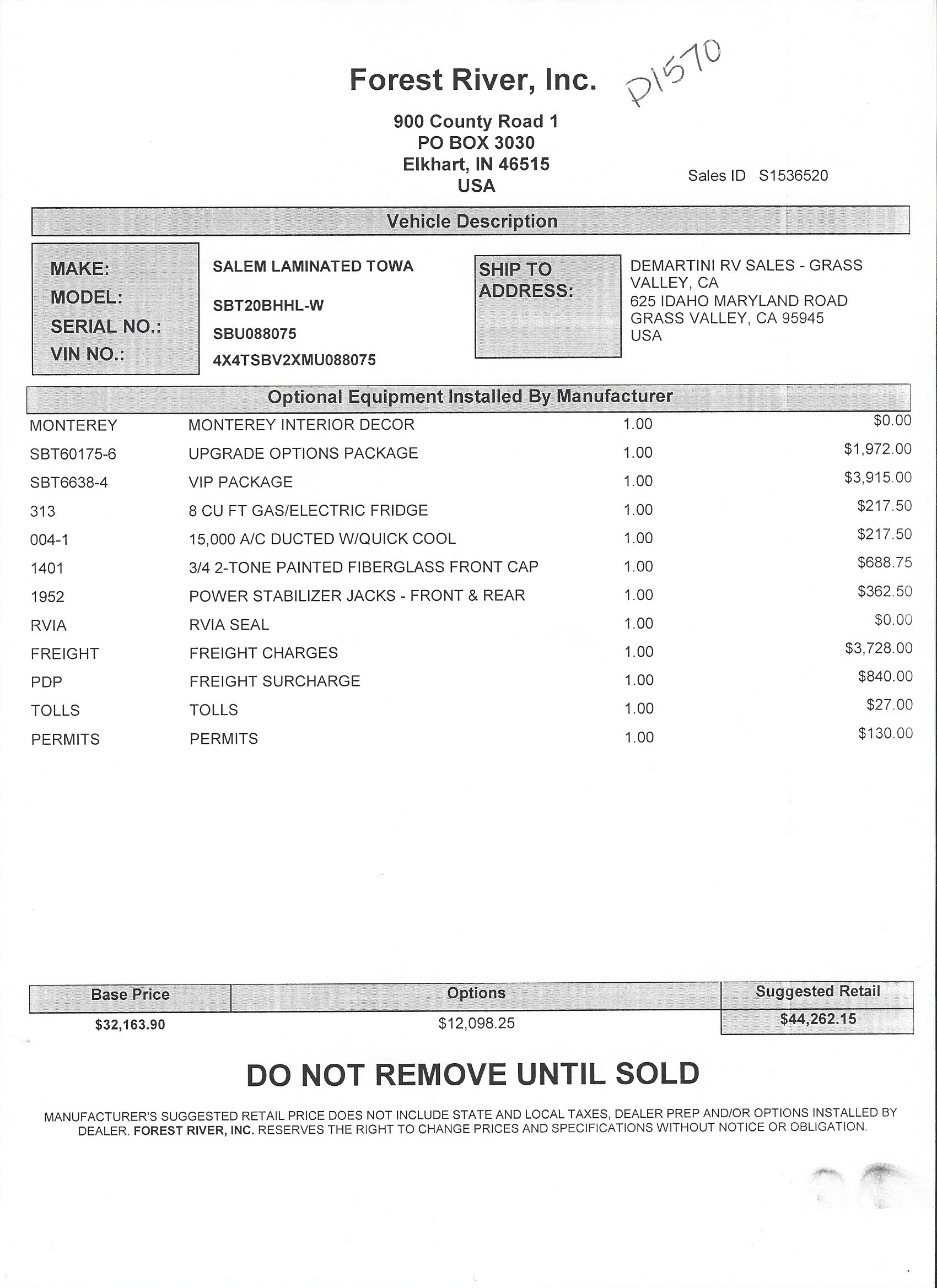 2021 Forest River Salem Hemisphere Hyper-Lyte 20BHHL MSRP Sheet