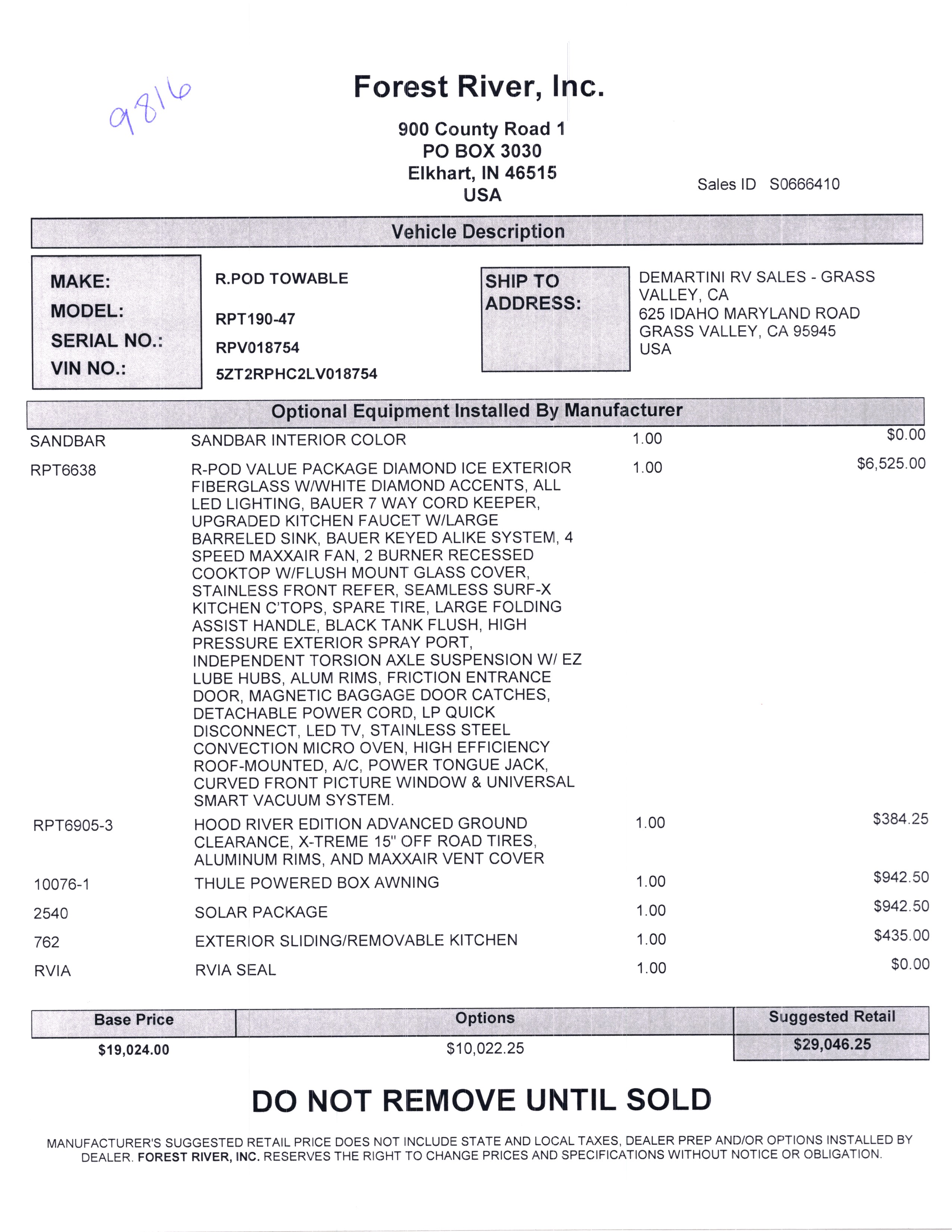 2020 Forest River R-Pod 190 MSRP Sheet