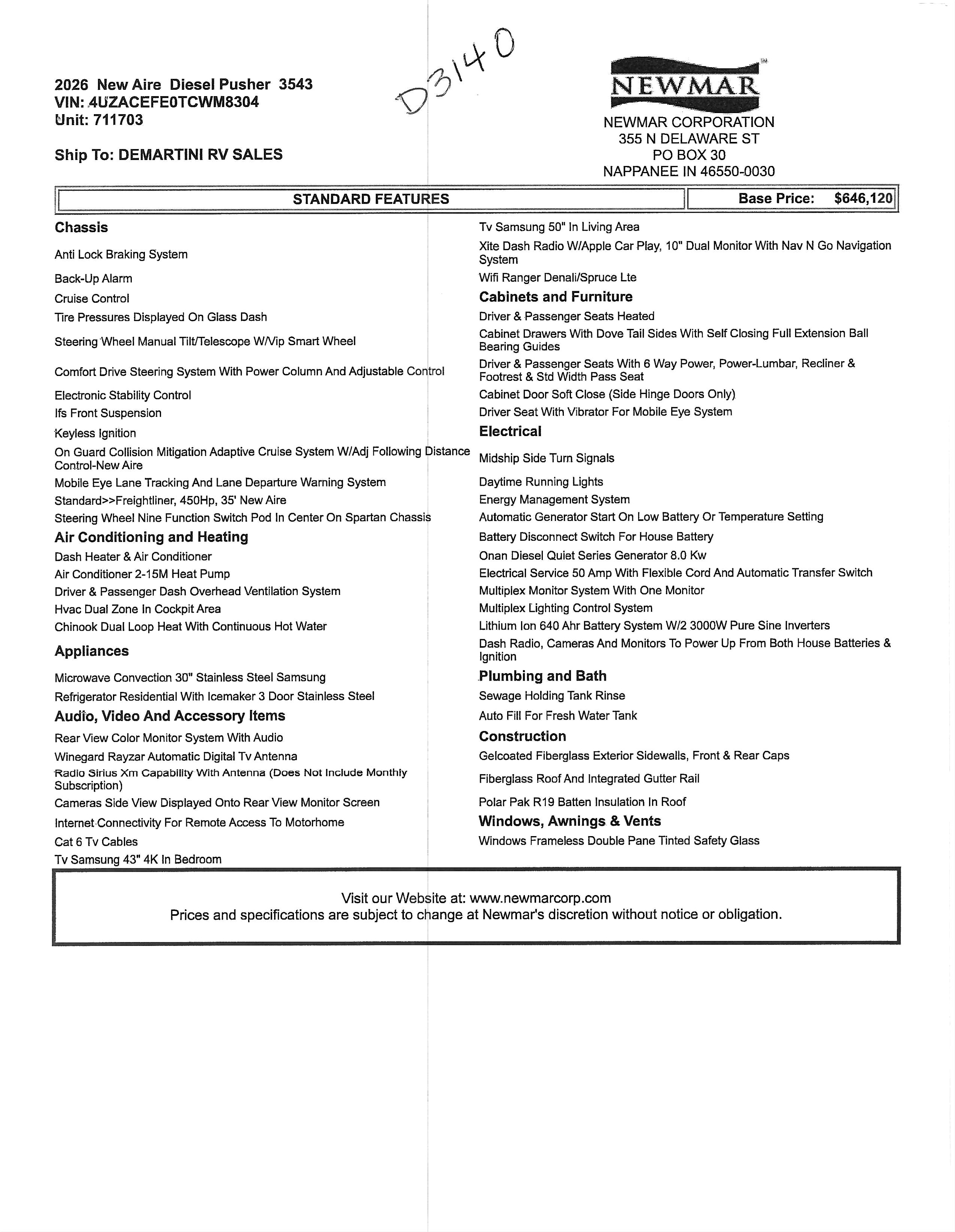 2026 Newmar New Aire 3543 MSRP Sheet