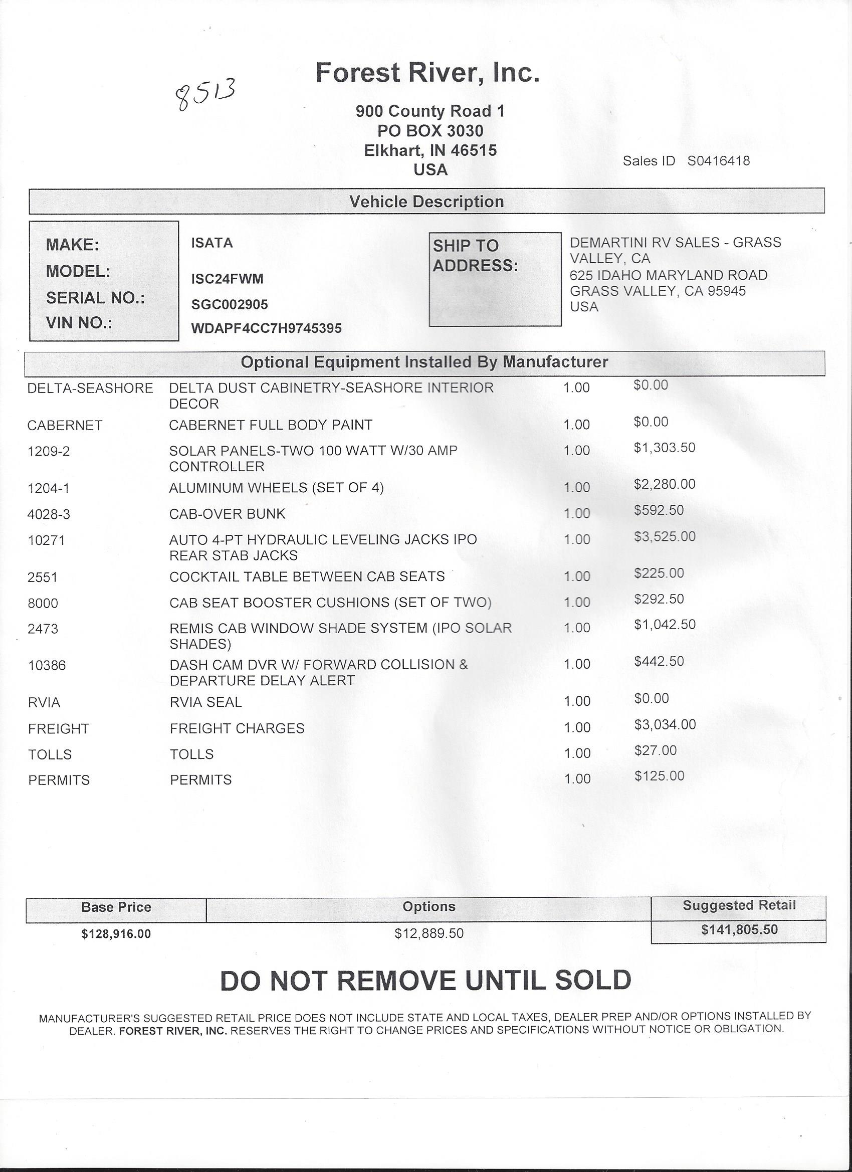 2019 Dynamax Isata 3 24FW MSRP Sheet