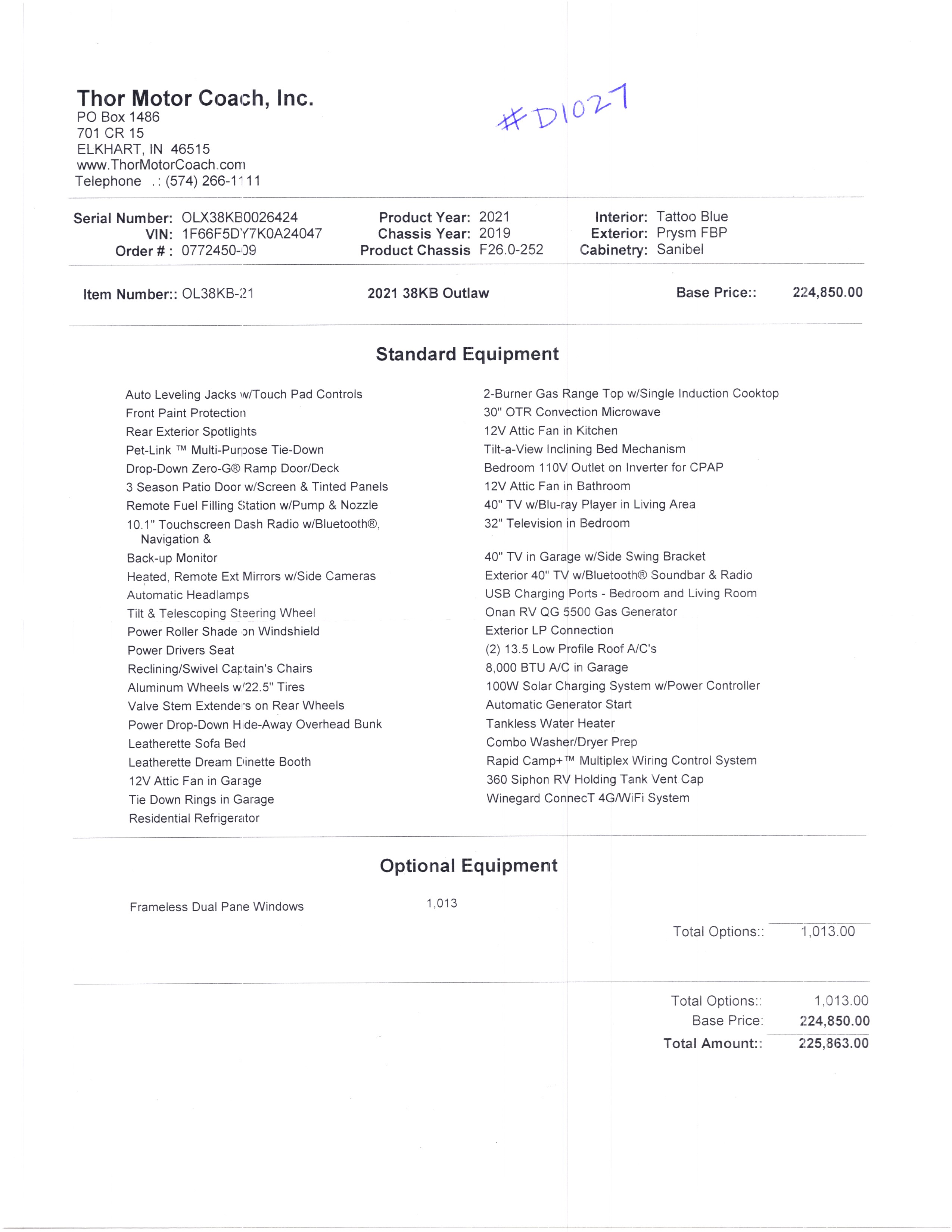 2021 Thor Outlaw 38KB MSRP Sheet