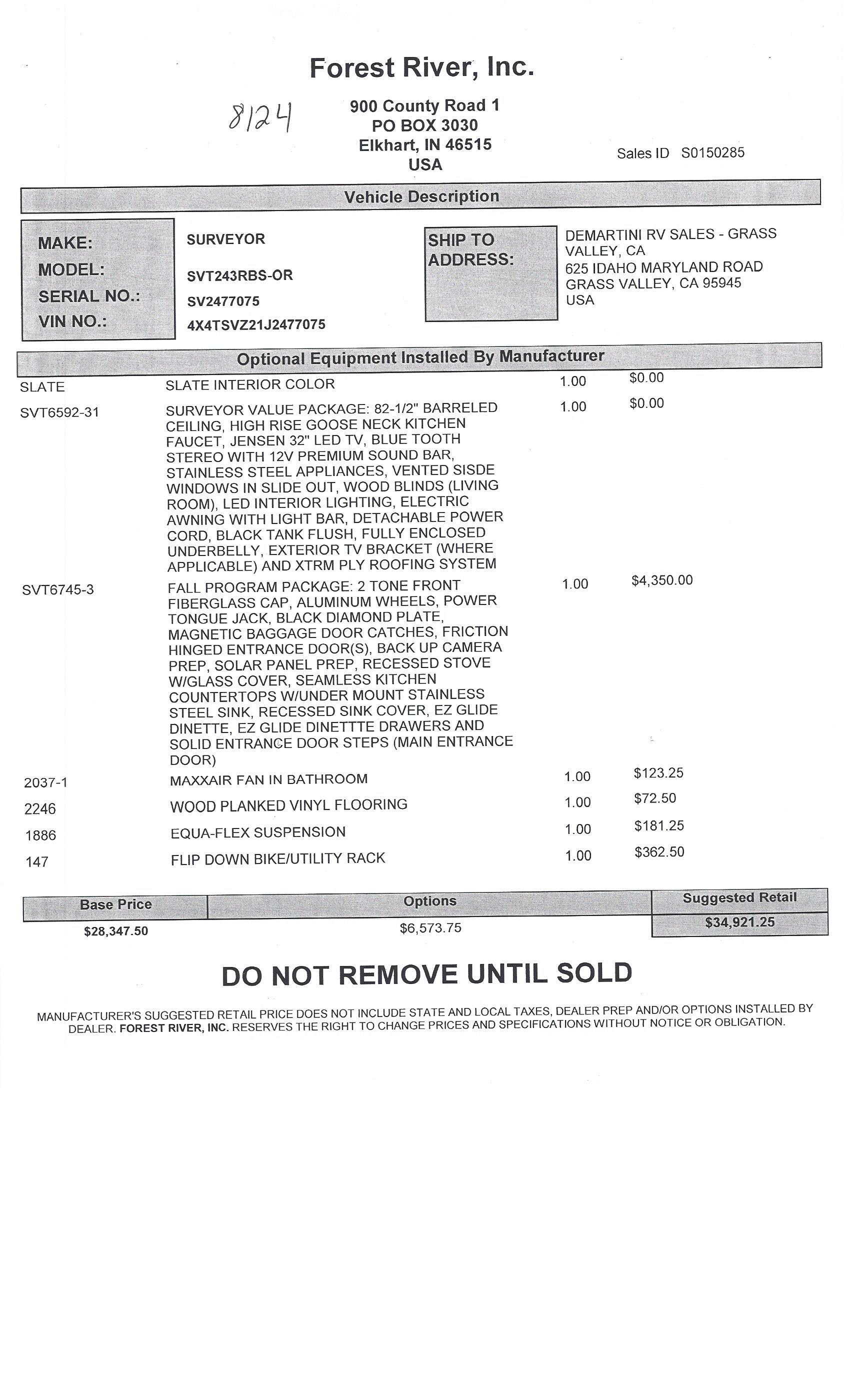 2018 Forest River Surveyor 243RB MSRP Sheet