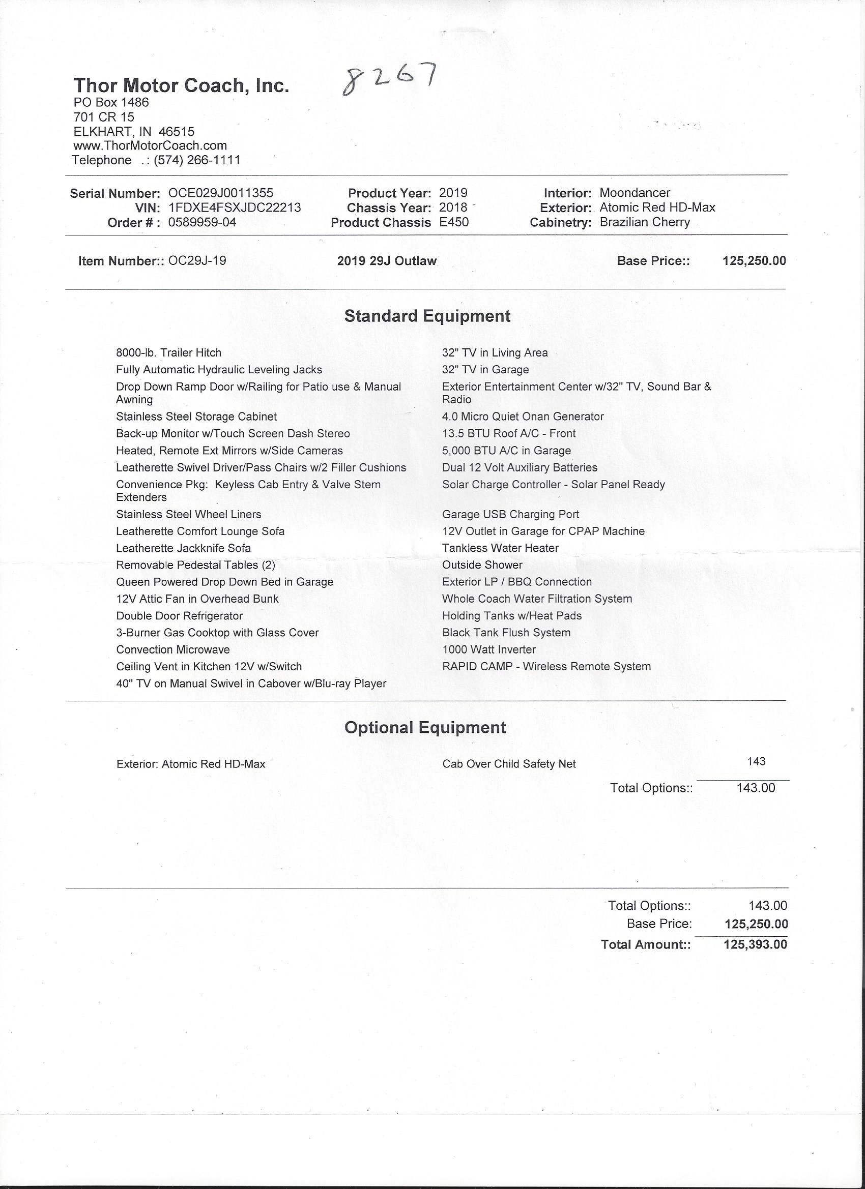 2019 Thor Outlaw 29J MSRP Sheet