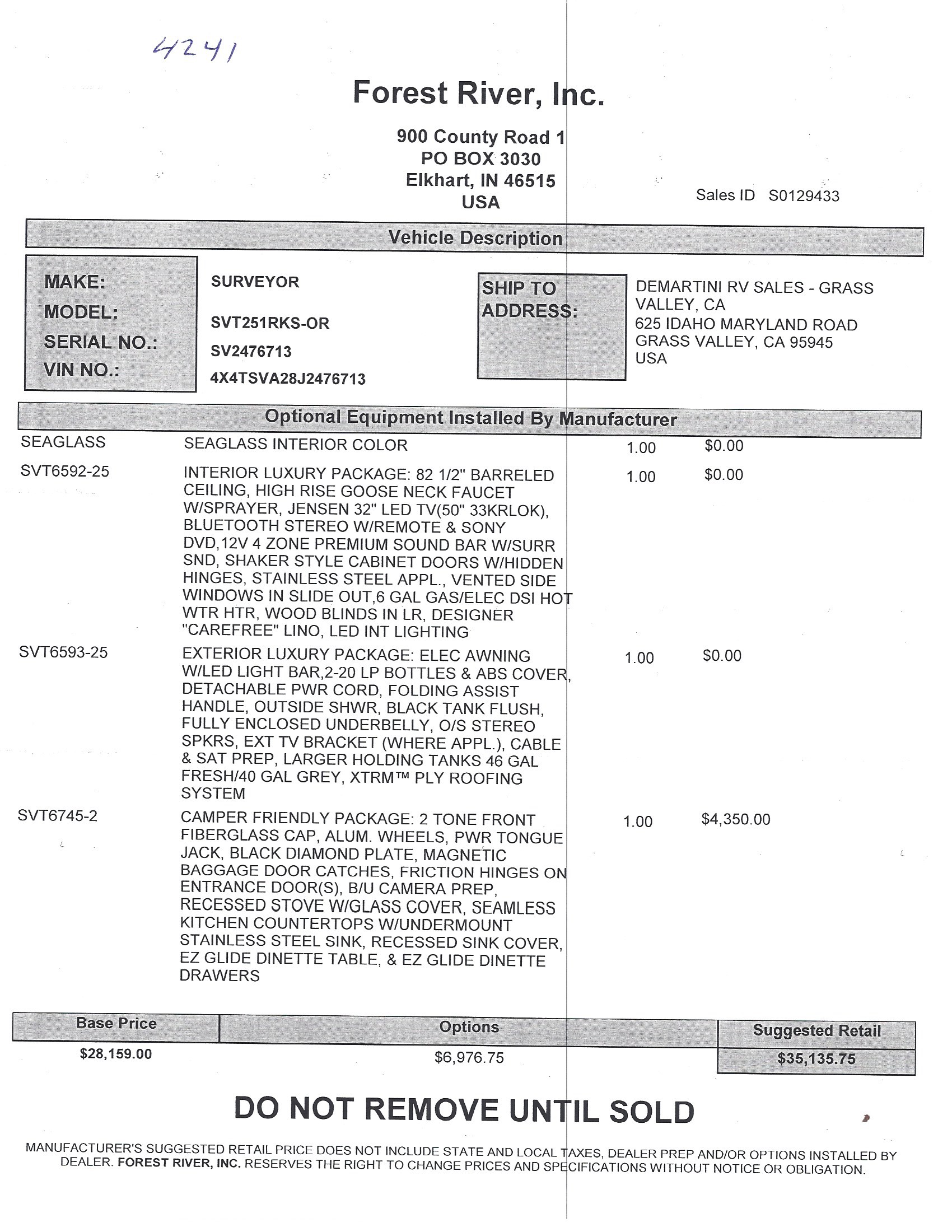 2018 Forest River Surveyor 251RKS MSRP Sheet