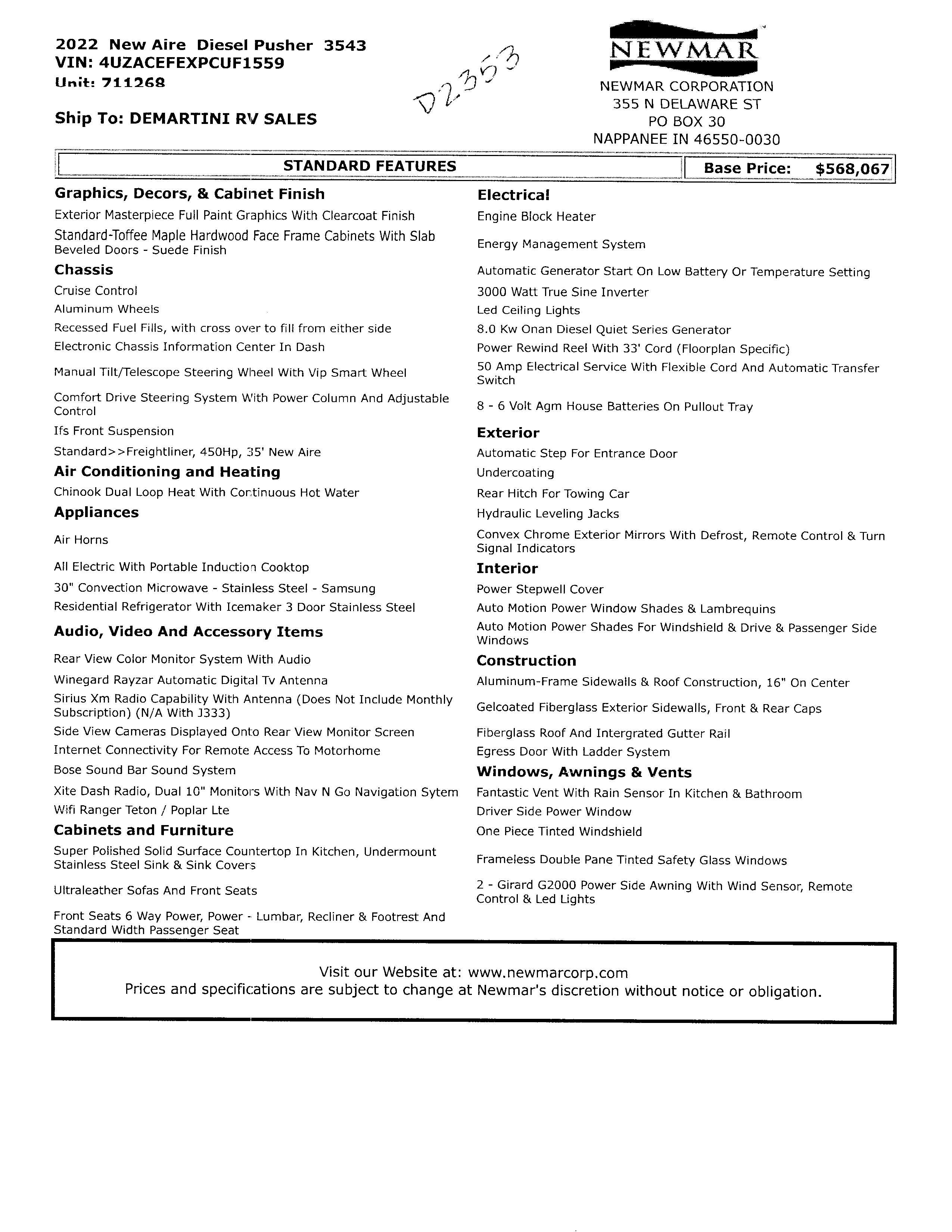 2022 Newmar New Aire 3543 MSRP Sheet