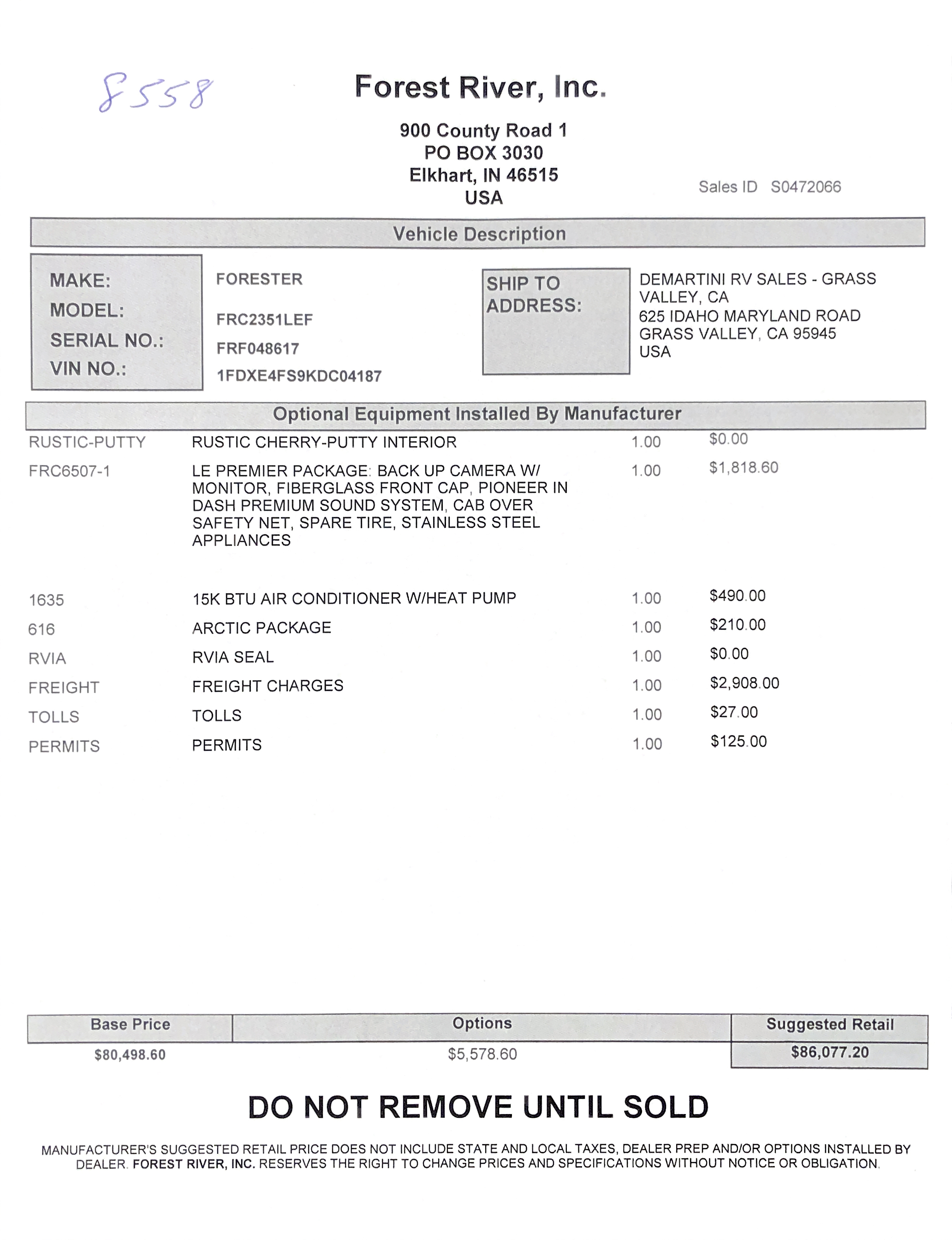 2019 Forest River Forester LE 2351LE MSRP Sheet