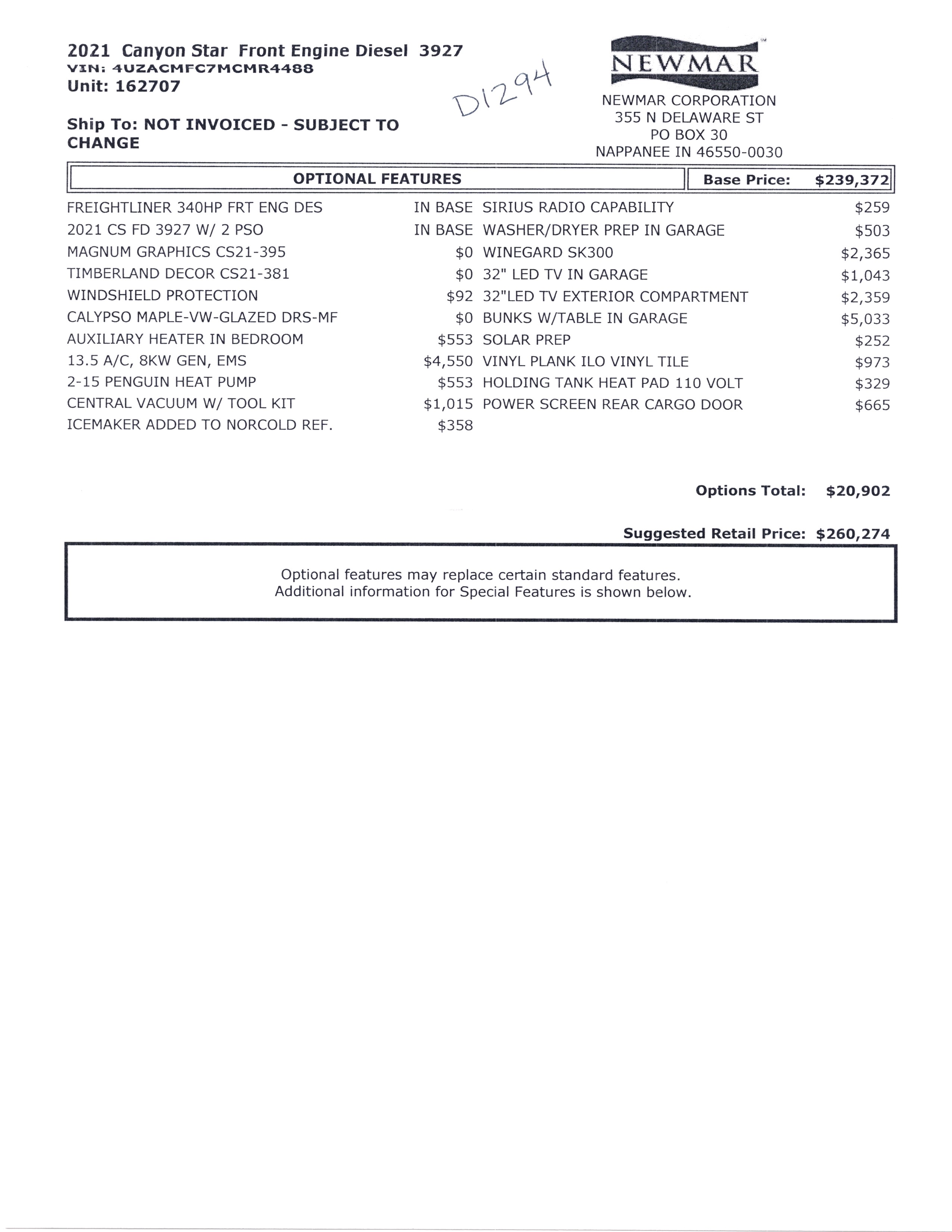 2021 Newmar Canyon Star 3927 (Front Engine Diesel) MSRP Sheet