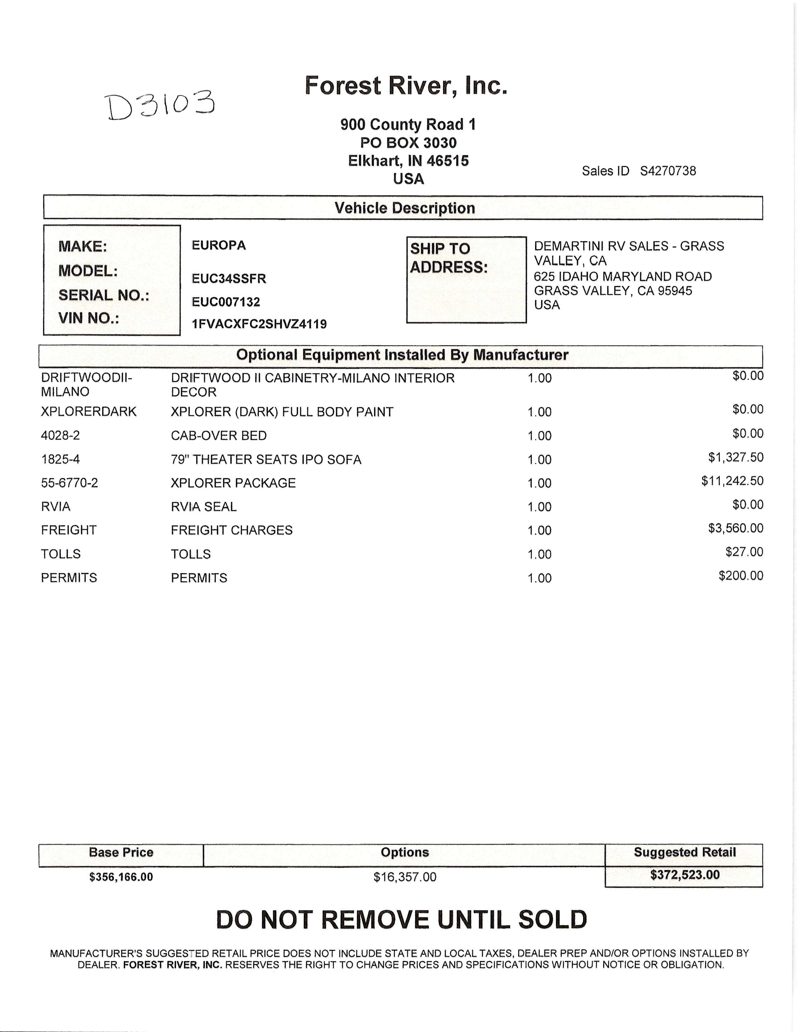 2026 Dynamax Europa 34SS MSRP Sheet