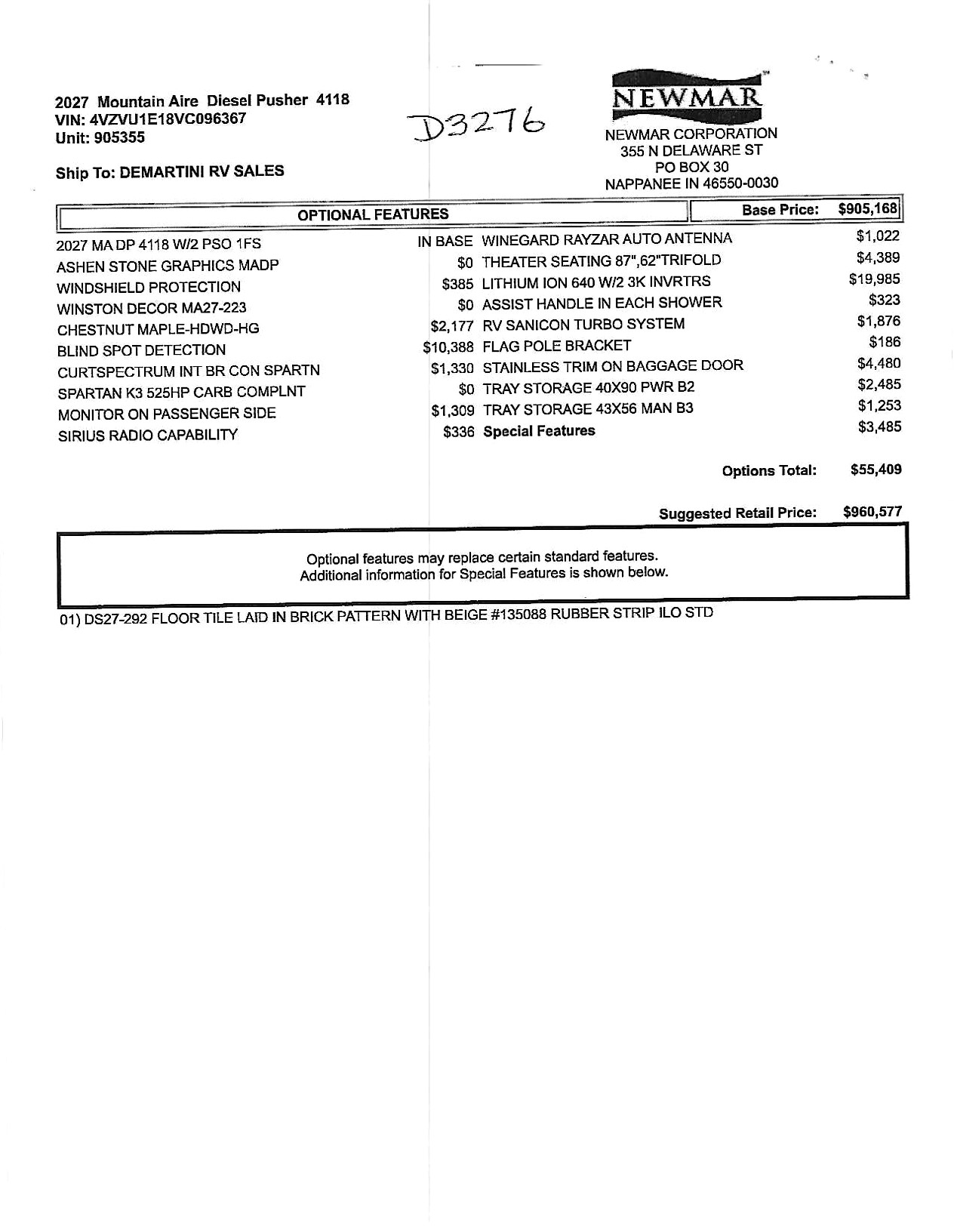 2027 Newmar Mountain Aire 4118 MSRP Sheet
