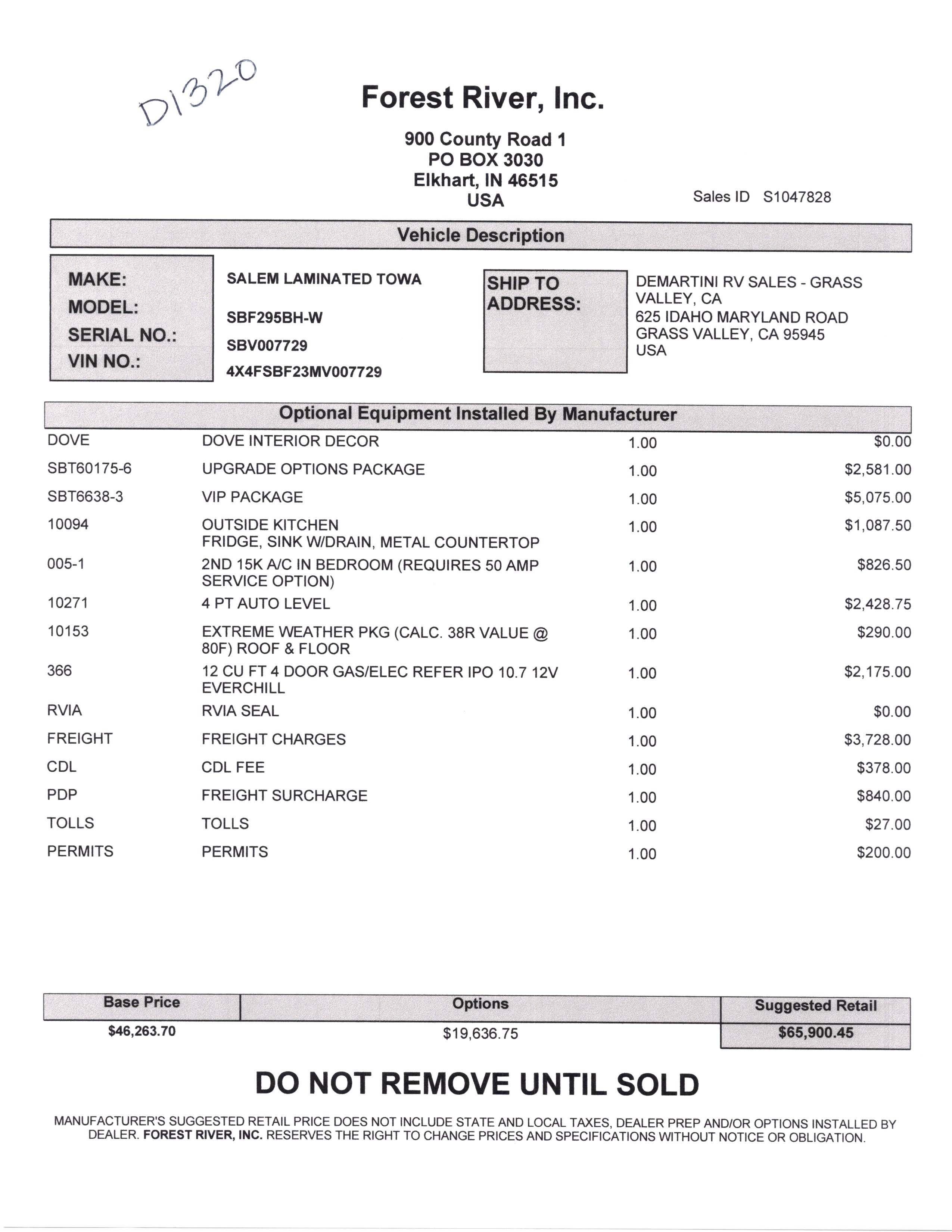 2021 Forest River Salem Hemisphere 295BH MSRP Sheet