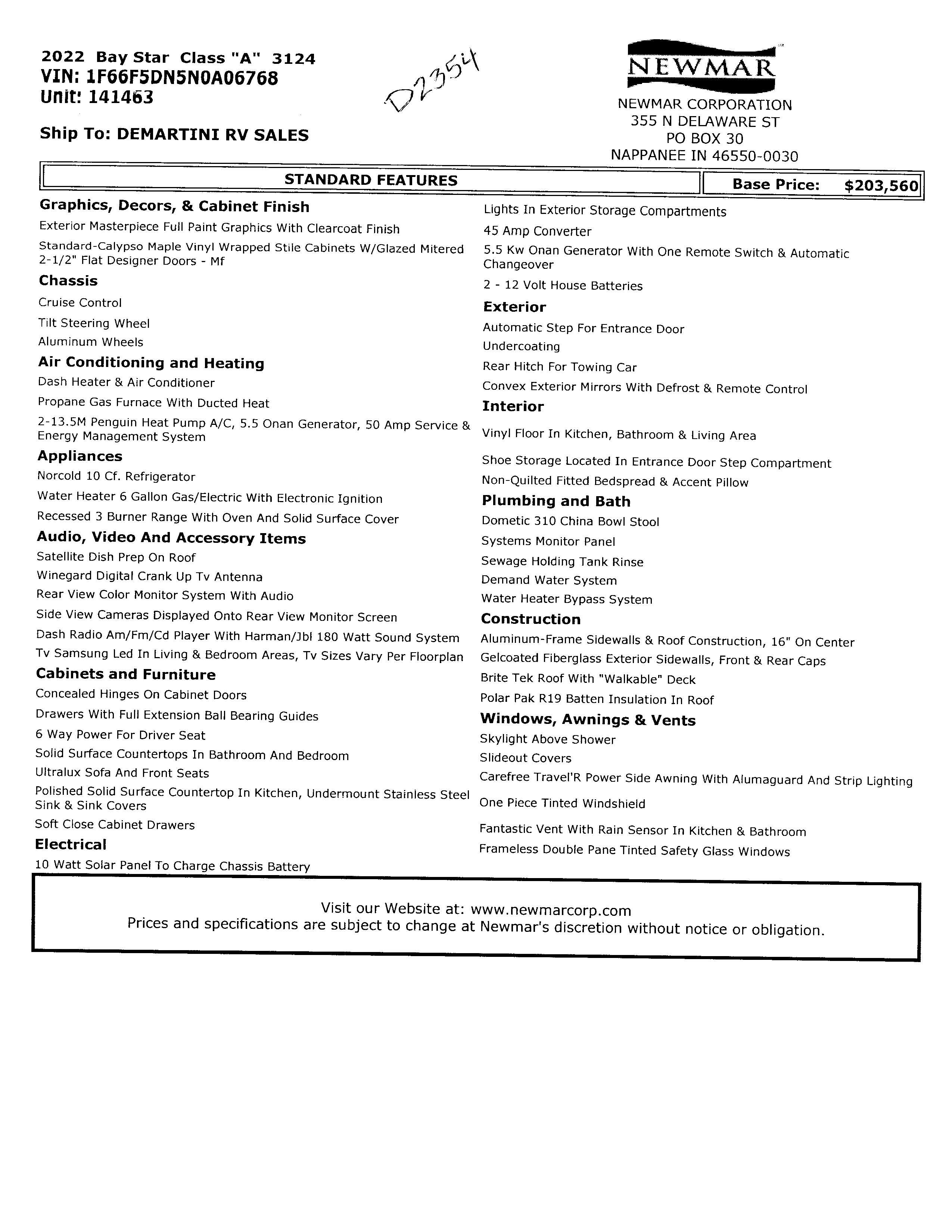 2022 Newmar Bay Star 3124 MSRP Sheet