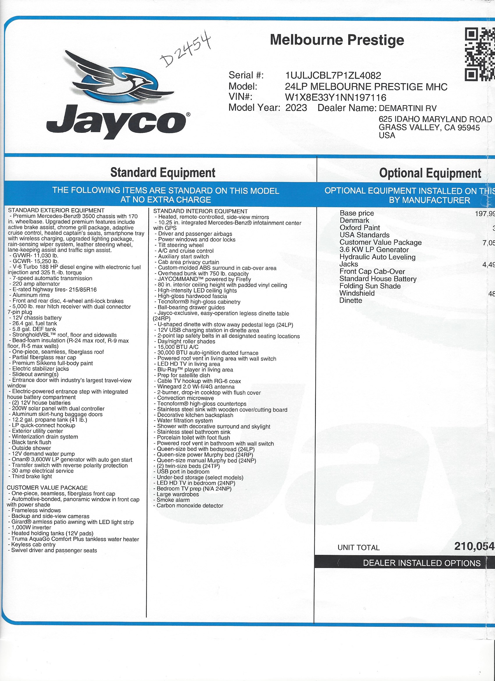 2023 Jayco Melbourne Prestige 24LP MSRP Sheet