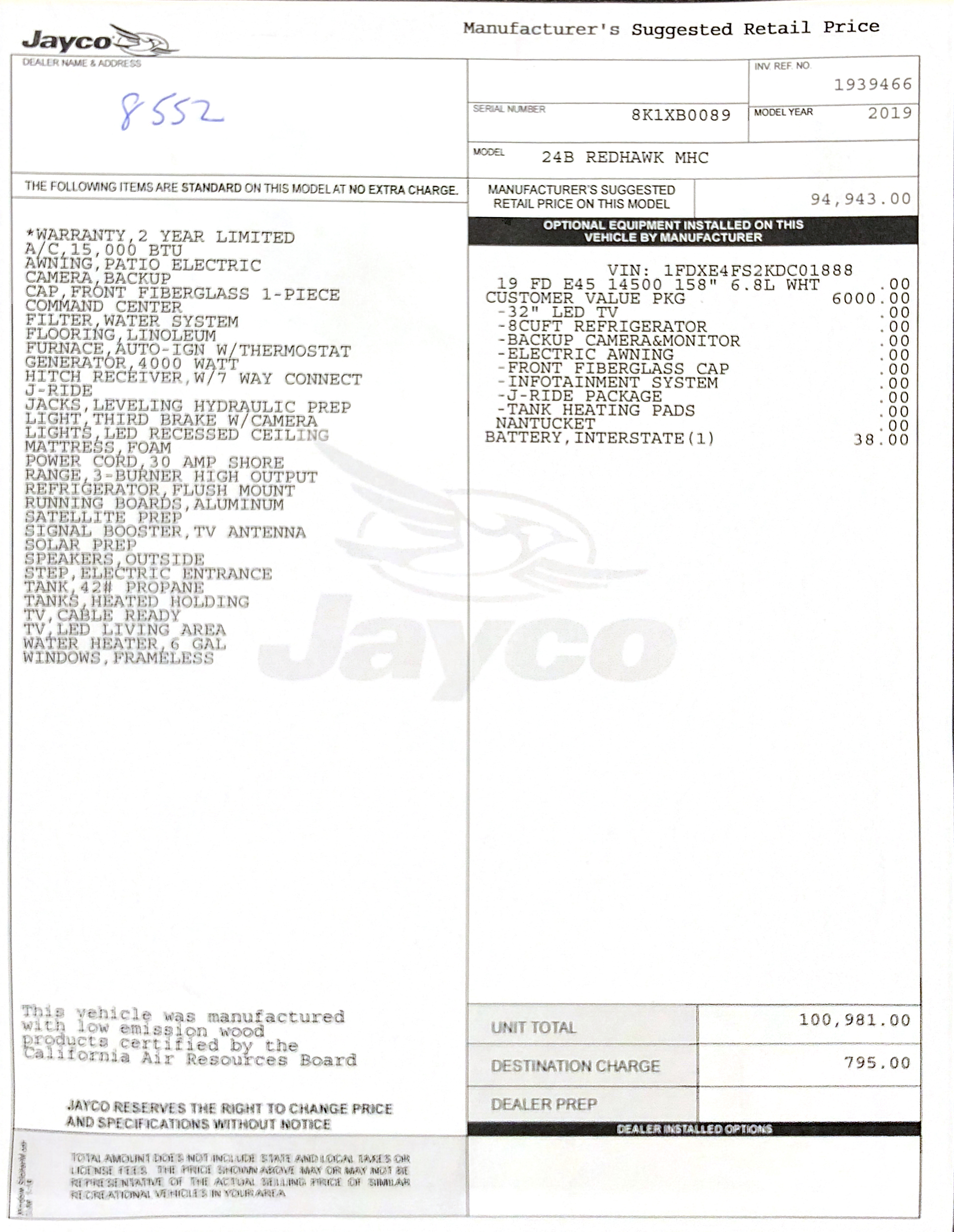 2019 Jayco Redhawk 24B MSRP Sheet