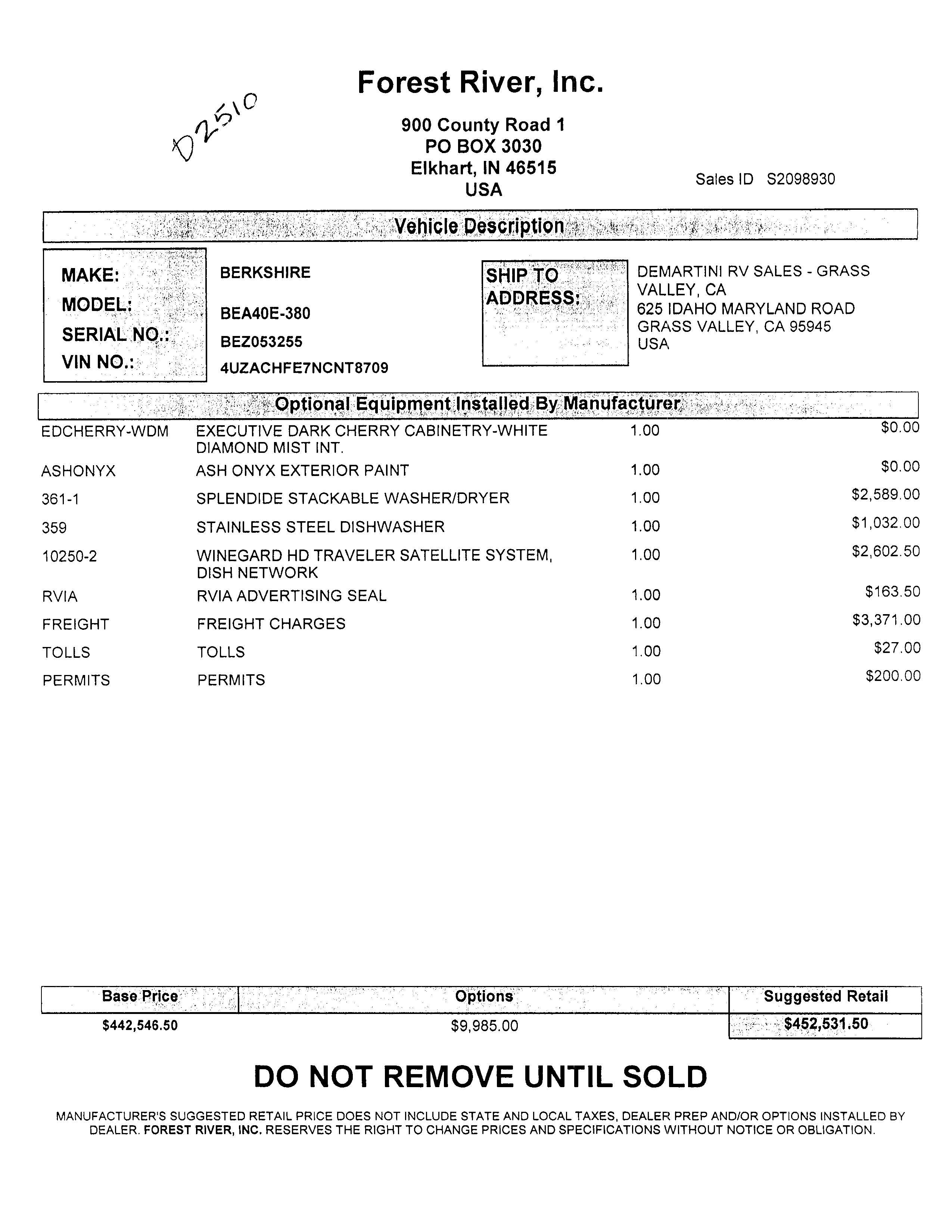 2022 Forest River Berkshire XL 40E MSRP Sheet